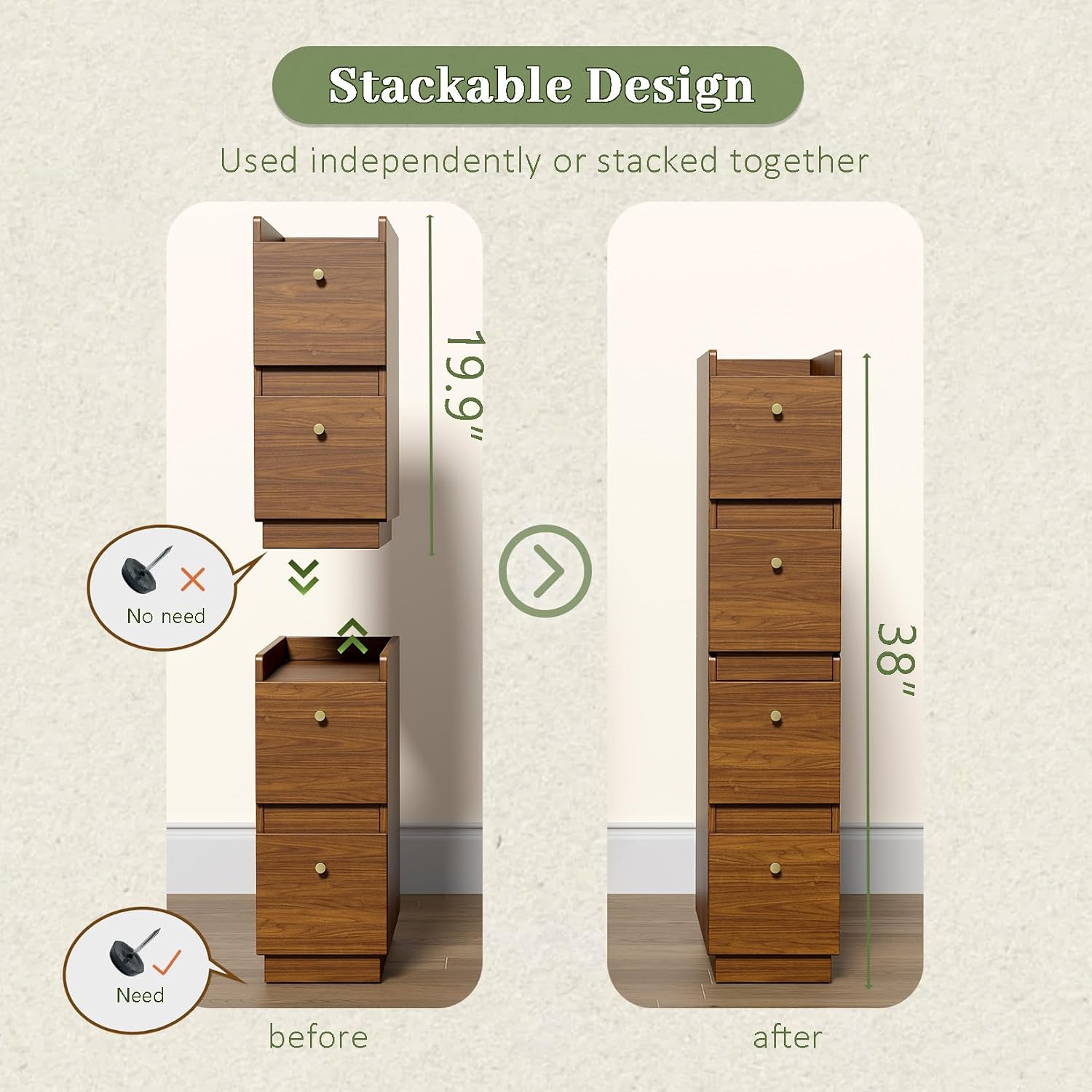 Narrow Night Stands, Modern Slim Nightstand Set of 2, Wooden Skinny Bedside Table 2 Drawers, Stackable Narrow Side Table with Drawers for Small Spaces, Bedroom, Living Room, Walnut Brown