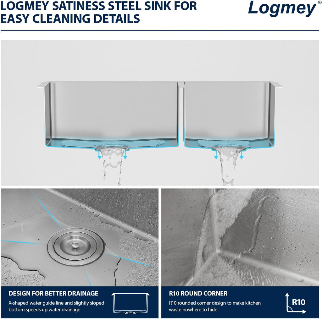 Logmey 33 Inch Farmhouse Sink 60/40 Double Bowl Kitchen Sink Apon Front Sink 16 Gauge 304 Stainless Steel Farm Sinks 33x20x9