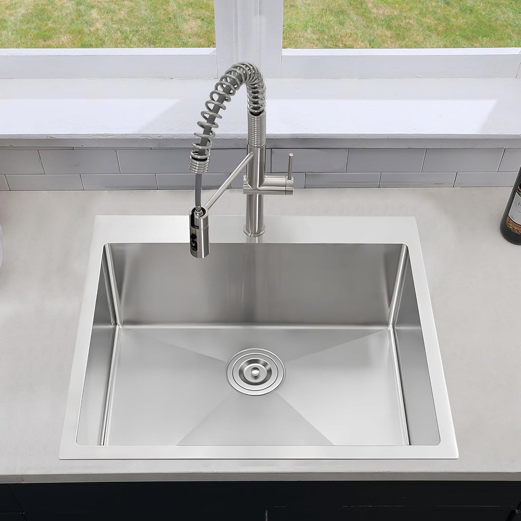 Friho 25x22 Drop in Kitchen Sink, Brushed Nickel Topmount Kitchen Sinks, SUS304 Commercial Handmade 16 Gauge Single Bowl Stainless Steel Sink with Basket Strainer