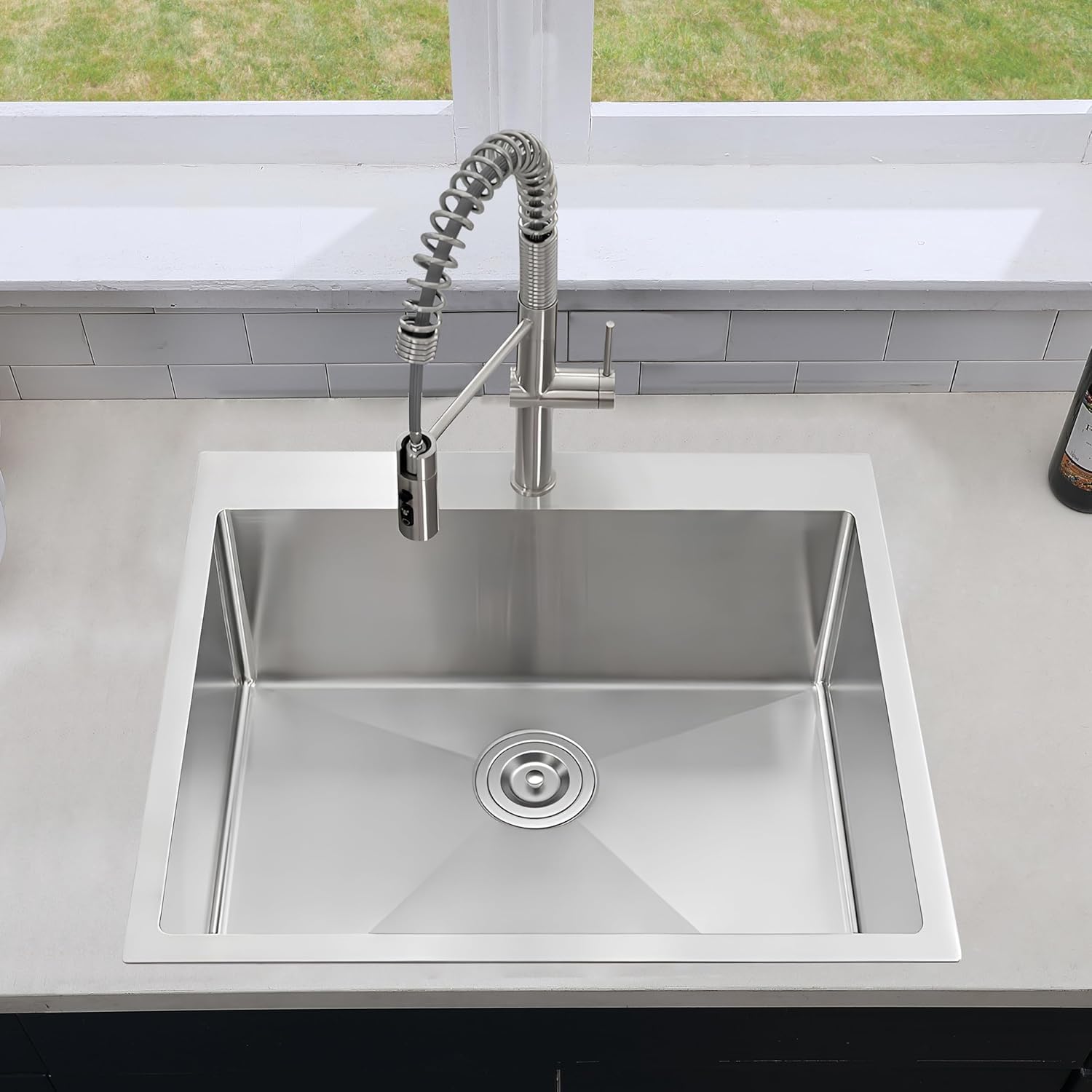 Friho 25x22 Drop in Kitchen Sink, Brushed Nickel Topmount Kitchen Sinks, SUS304 Commercial Handmade 16 Gauge Single Bowl Stainless Steel Sink with Basket Strainer