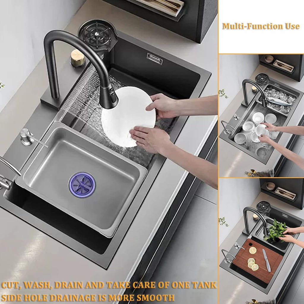 Generic Square Single Bowl Kitchen Sink 304 Stainless Steel Waterfall Sink He Multi-Function Rv Sink with Faucet and Cup Washer Drop in Or Under Mount (Color : Gun Grey, Size : 68x45x22cm)