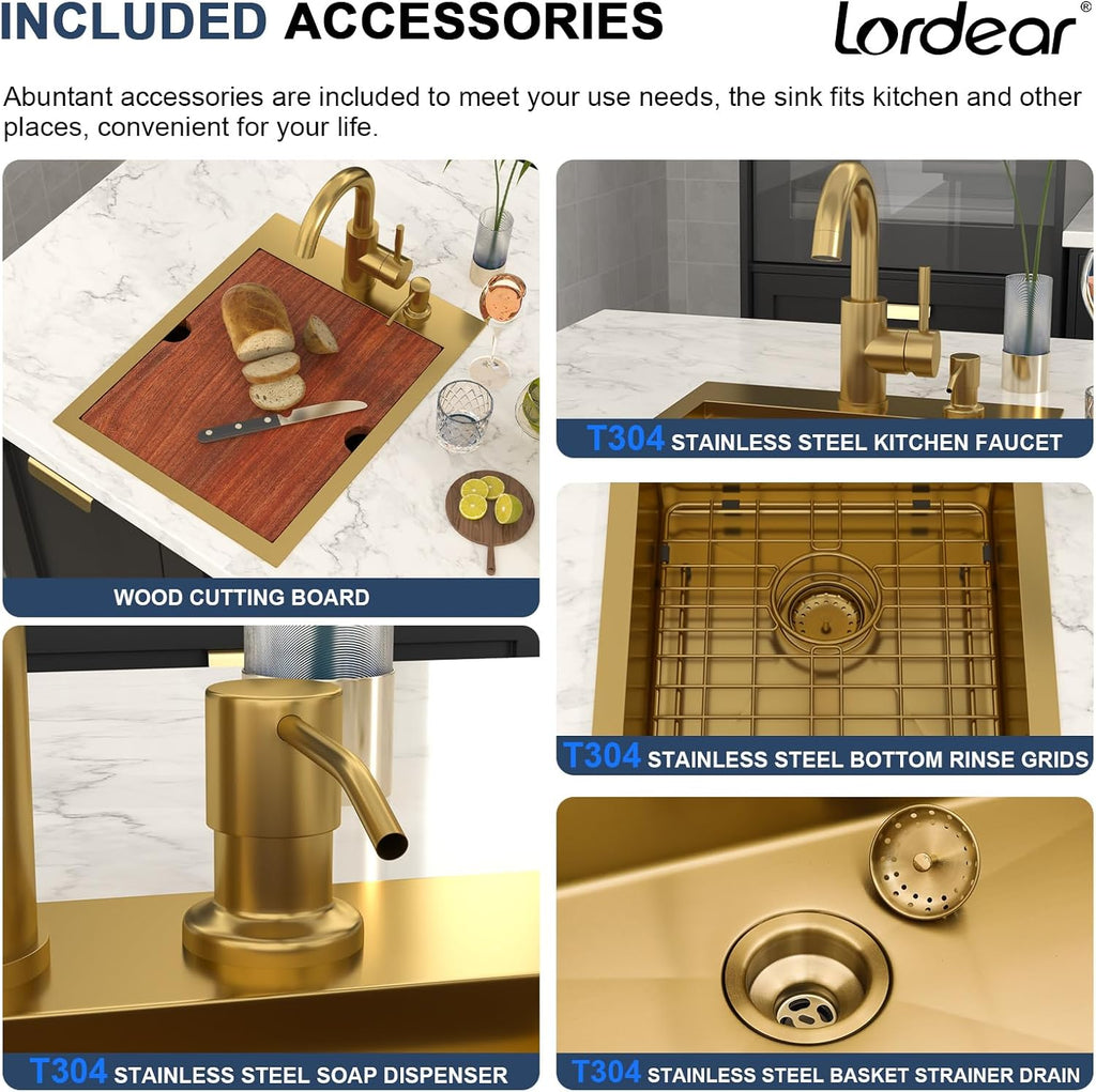 Bar Sink - Lordear 15x20 Inch Gold Bar Sink with Faucet Drop In Workstation 16 Gauge T304 Stainless Steel Single Bowl Top Mount Wet Bar RV Prep Outdoor Kitchen Sink 15x20x9 Inch
