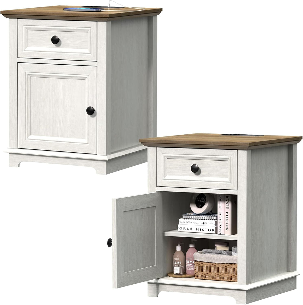 REDAYFUR End Table with Fast-Charge Set of 2, Side Table with Drawer Storage and Adjustable Shelf, Charging Nightstand Set of 2, Wooden Side Table for Living Room/Bedroom/Office, White