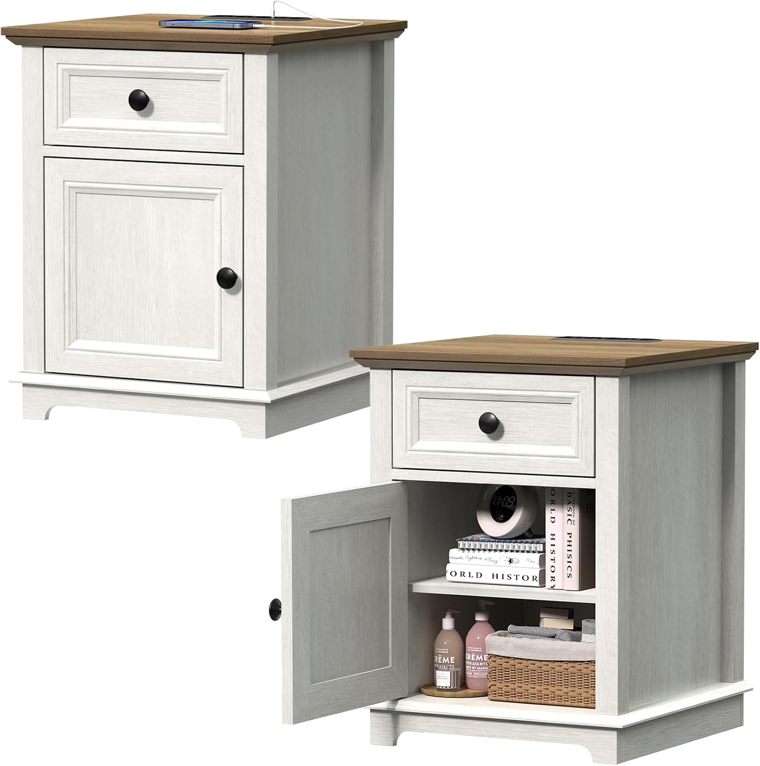REDAYFUR End Table with Fast-Charge Set of 2, Side Table with Drawer Storage and Adjustable Shelf, Charging Nightstand Set of 2, Wooden Side Table for Living Room/Bedroom/Office, White