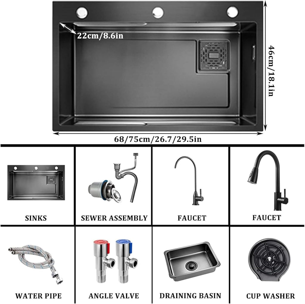 304 Stainless Steel Kitchen Sink Multi-functional Ladder Type Bar Sink Single Bowl RV Sink with Pull-Out Faucet and Cup Washer Drop-in Or Under Mount (Color : Black, Size : 75x45x20cm) (Black 68x4