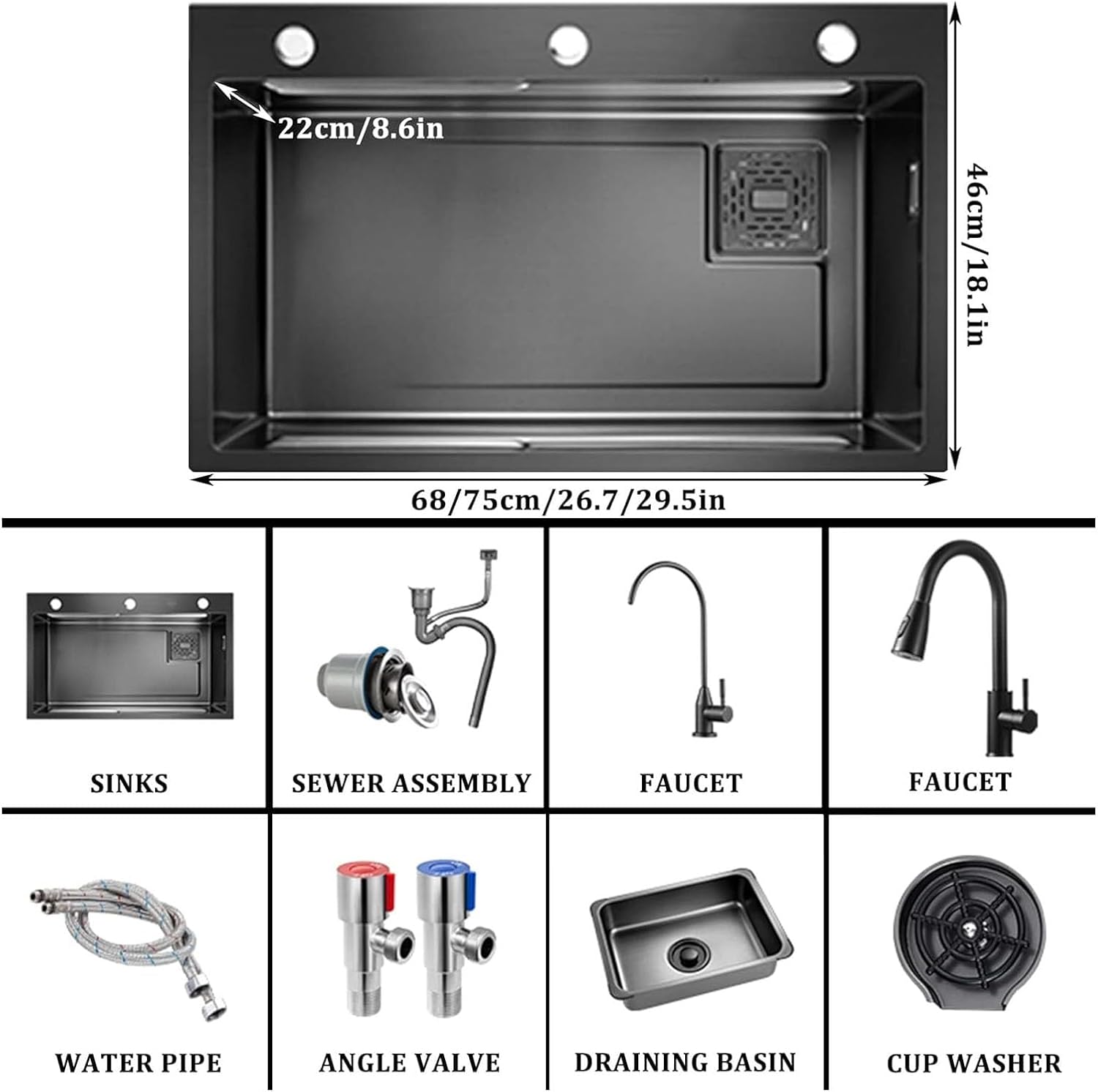 304 Stainless Steel Kitchen Sink Multi-functional Ladder Type Bar Sink Single Bowl RV Sink with Pull-Out Faucet and Cup Washer Drop-in Or Under Mount (Color : Black, Size : 75x45x20cm) (Black 68x4