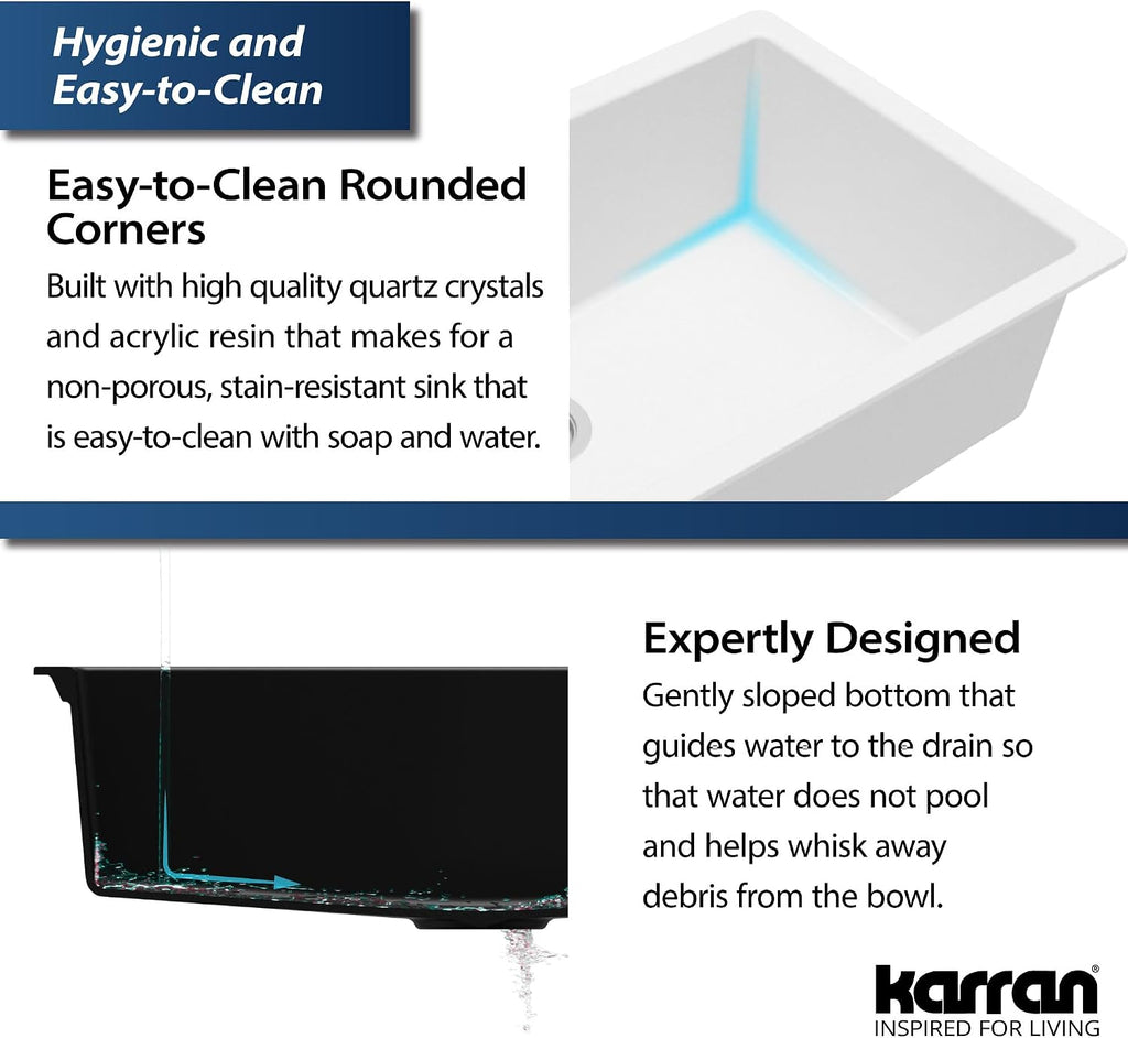 Karran Undermount 33' Large Single Bowl Granite Quartz Composite Kitchen Sink in Concrete – Extra Deep 9' Basin, Heat & Scratch Resistant, Sound Dampening, Rear Drain – QU-812