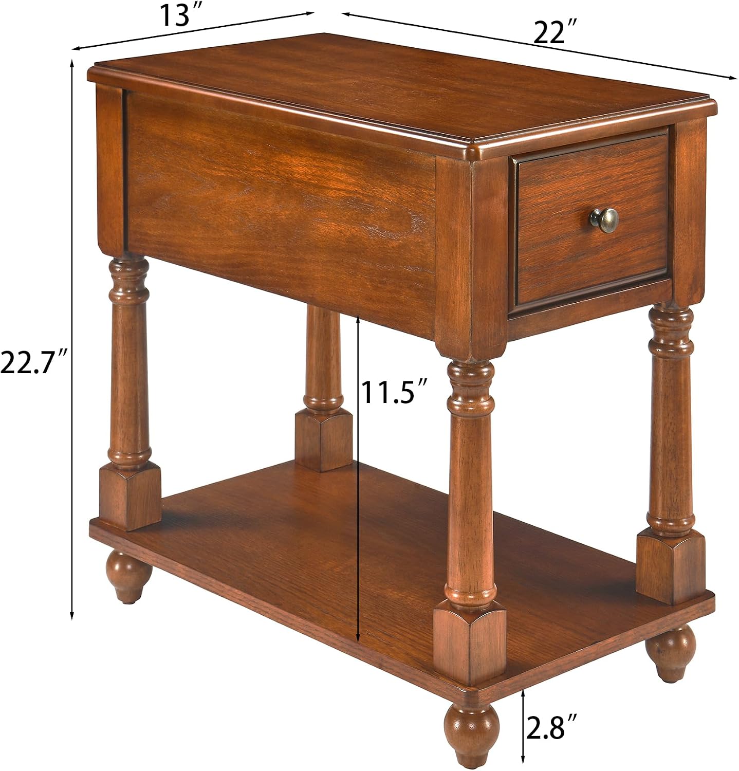 Set of 2 Narrow End Table with Drawer and Shelf, Solid Wood Sofa Side Tables 2-Tier Skinny Table with Storage Slim Bedside Table for Small Space Living Room-Cherry Brown 004DR
