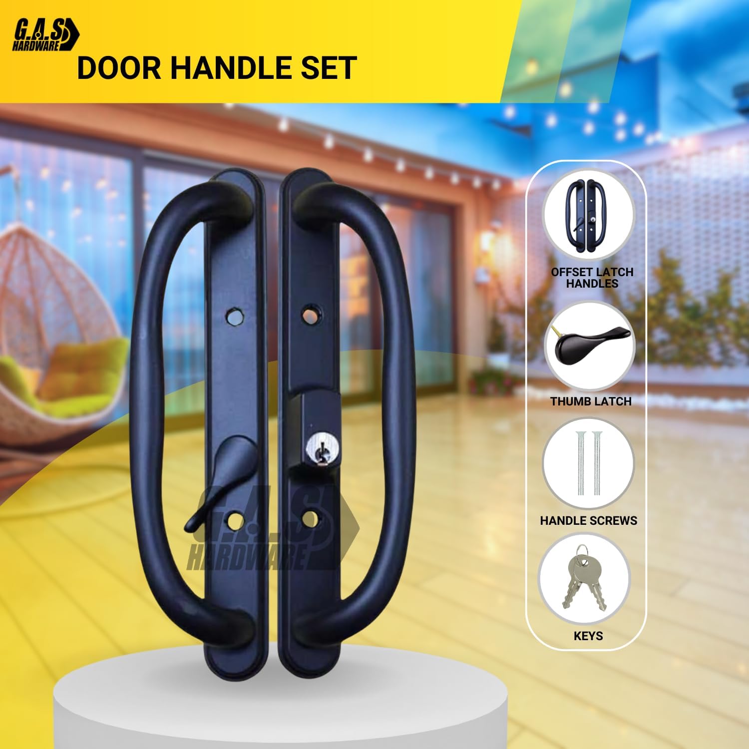 10' Olympus Sliding Patio Glass Door Black Offset Pull Handle Set Replacement with Keys fits 3 ¹⁵/₁₆ inches Hole Spacing, and 1-1/4' to 2-1/4' Door Thickness