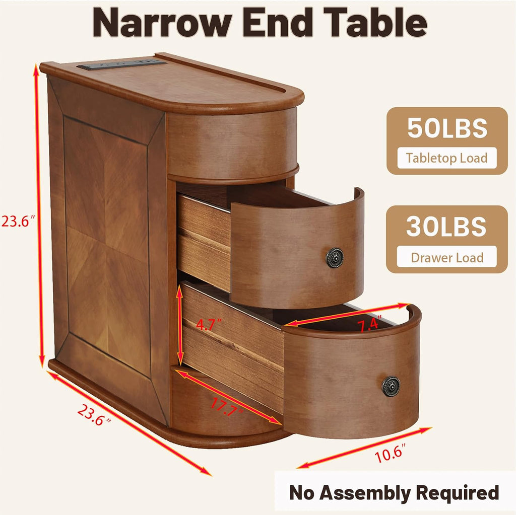 End Tables Living Room, Wood Sofa Side Table with Charging Station,Vintage Narrow Nightstand with 2 Drawers,Couch Accent Tables for Small Spaces,Bedroom, Fully Assembled,Brown