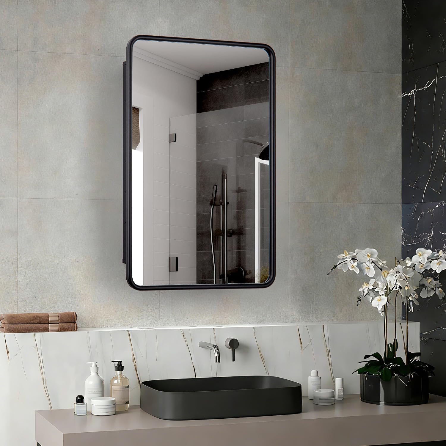 16 x 24 Black Bathroom Medicine Cabinet with Mirror Metal Frame Recessed Or Wall Mounted Single Door Storage Medicine Cabinets with Adjustable Shelves Rounded Corner Beveled Mirrors