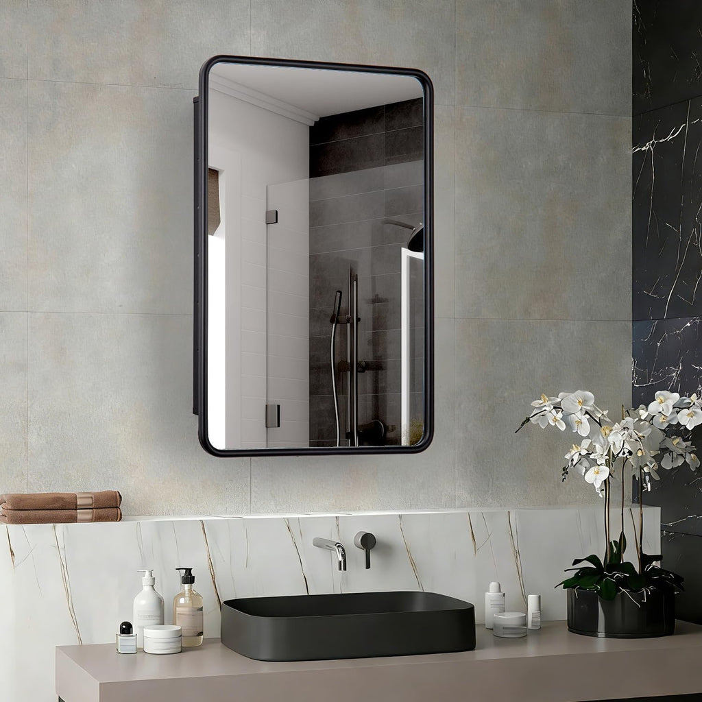 17 x 27 Bathroom Medicine Cabinet with Mirror Metal Frame Recessed Or Wall Mounted Single Door Storage Medicine Cabinets with Adjustable Shelves Rounded Corner Beveled Mirrors
