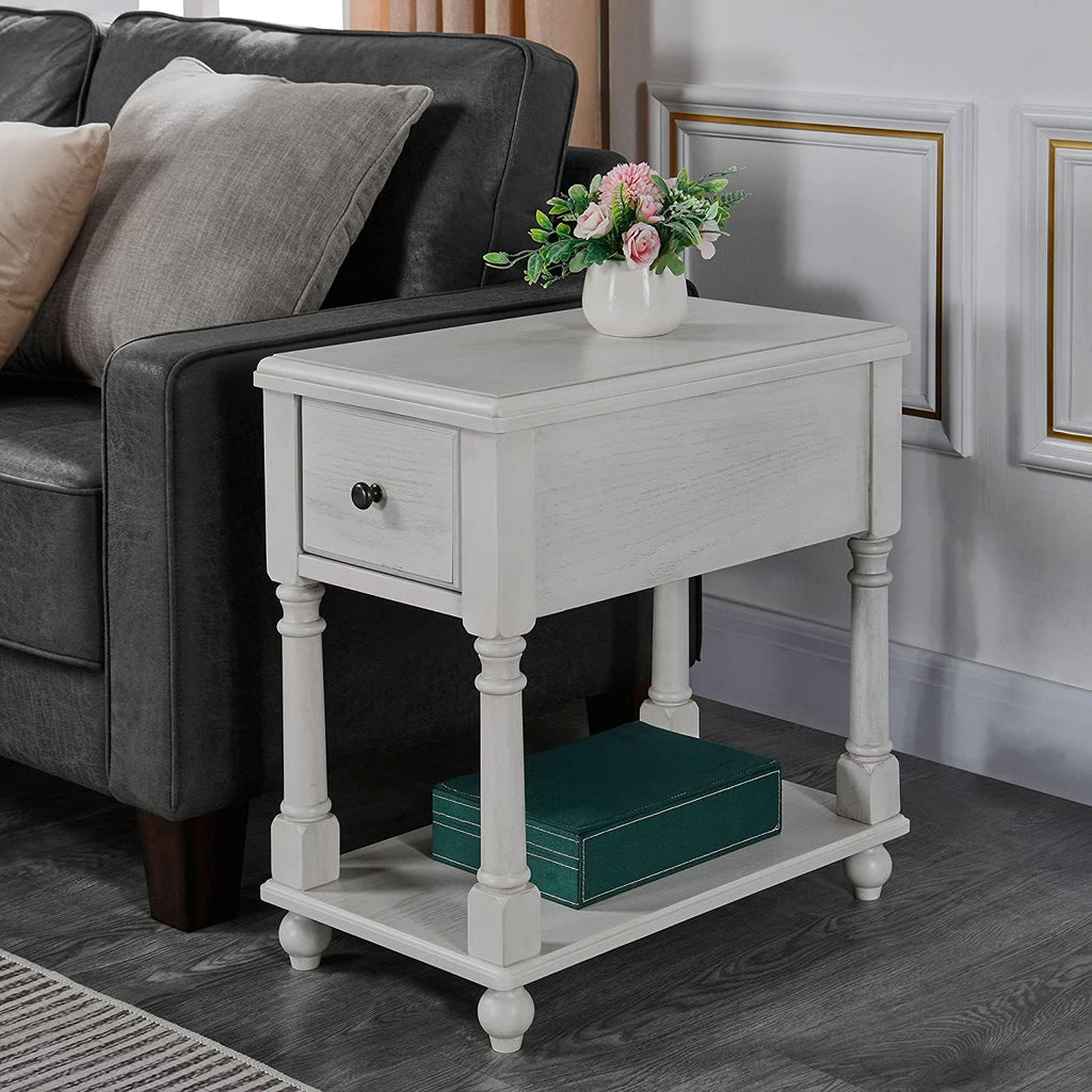 Narrow Open End Table with Drawer, Solid Wood Side Table 2-Tier Skinny Table with Storage Shelves Slim Nightstand Small Sofa End Table for Living Room Bedroom-Antique White 004RW