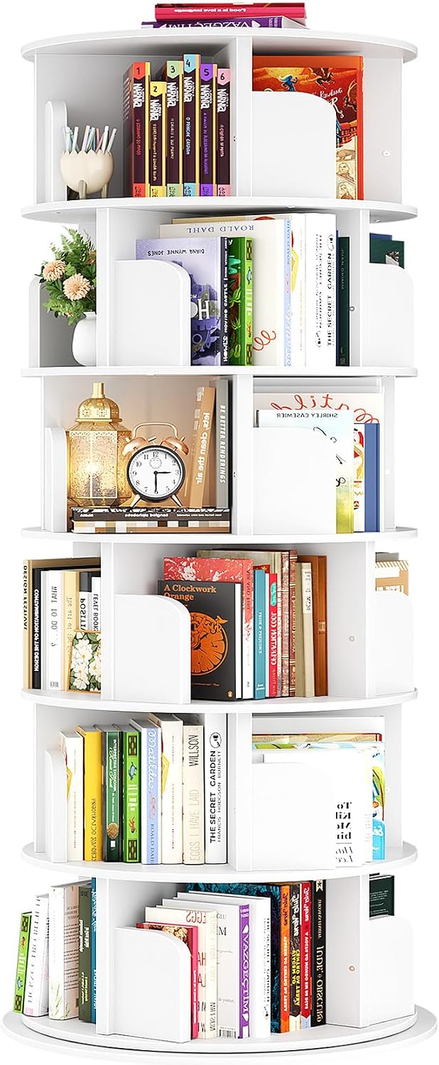 Besiost Rotating Bookshelf Tower, 6 Tier Spinning Bookcase, Revolving 360 Book Shelf Narrow Tall Bookcase, Vertical Turning Round Bookshelf Organizer, Wood Corner Bookshelf for Small Space, White