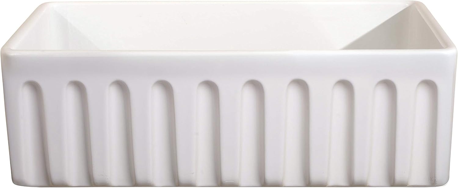 Fireclay Sink, Single Bowl Farmhouse Apron Kitchen Sink, Flat or Fluted Reversible Installation Option, White, 36 Inch.