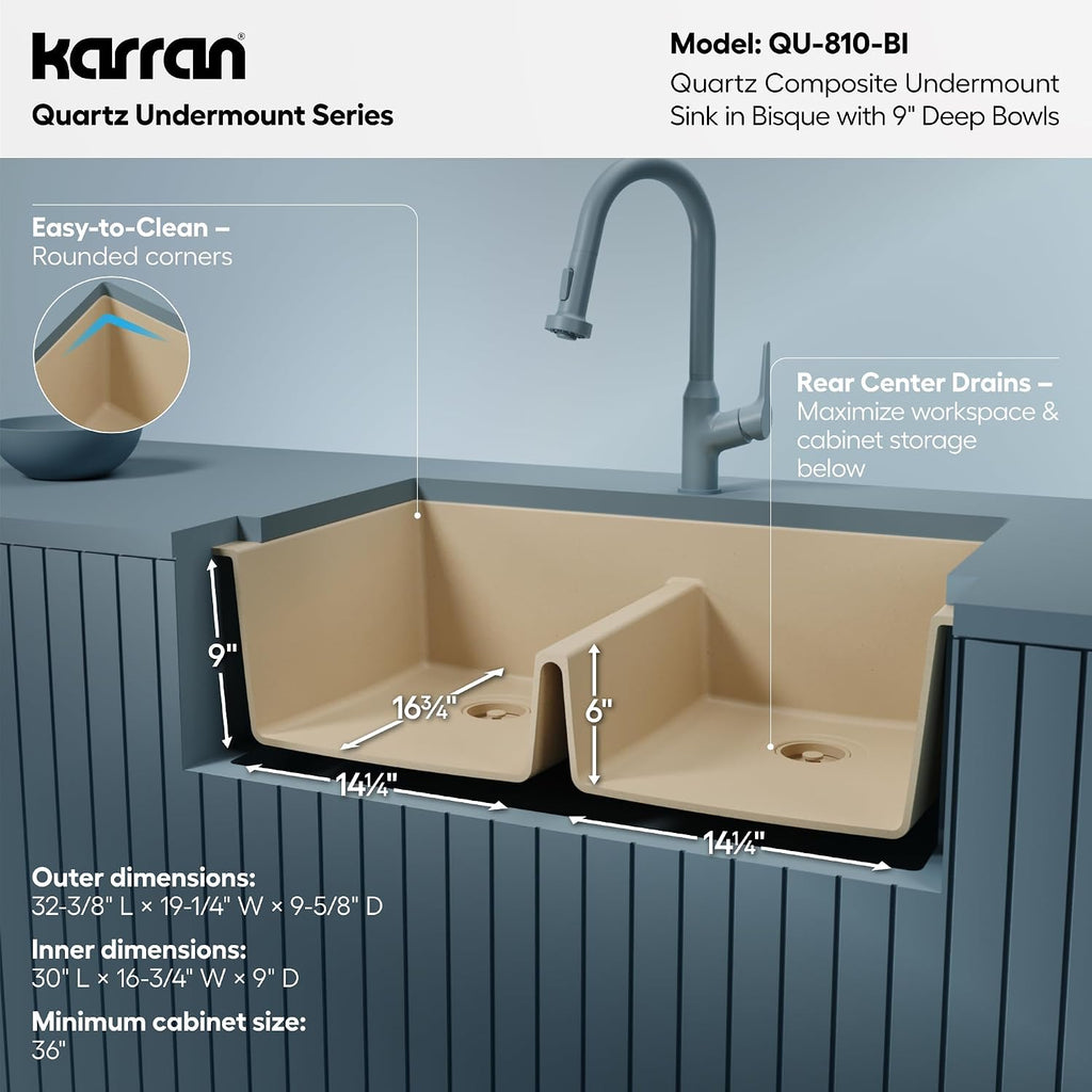 Karran 32' Bisque Quartz Composite Undermount Double Bowl Kitchen Sink with Low Divider – 50/50 Equal Bowl, 80% Natural Quartz, 535°F Heat Resistant, Sound Dampening, QU-810