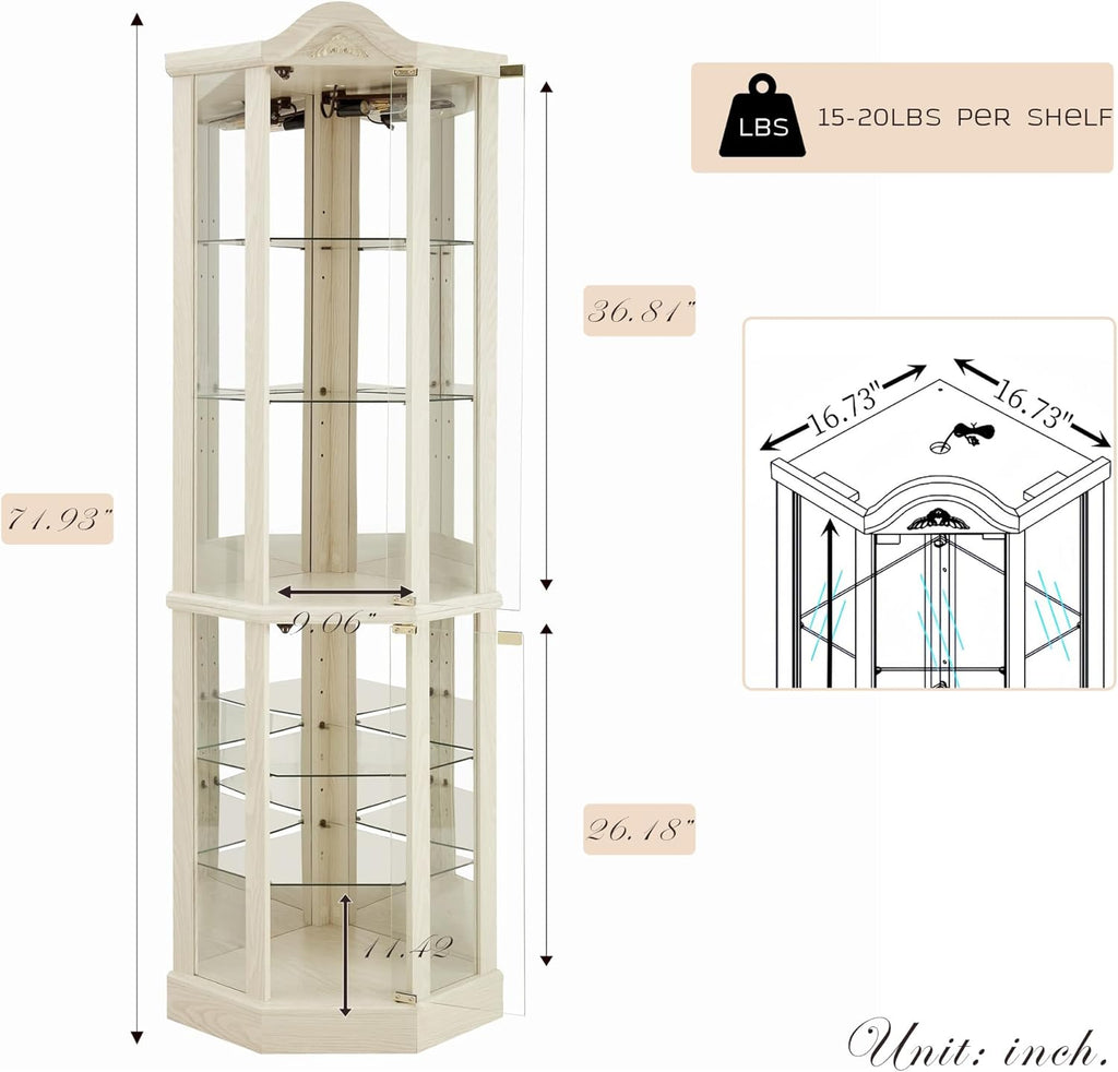 72' H Lighted Corner Curio Cabinet, Wooden Curio Cabinet with Tempered Glass Doors, 6-Tier Shelves Corner Cabinet with Glass, Liquor Display Storage Rack for Living Room(White)