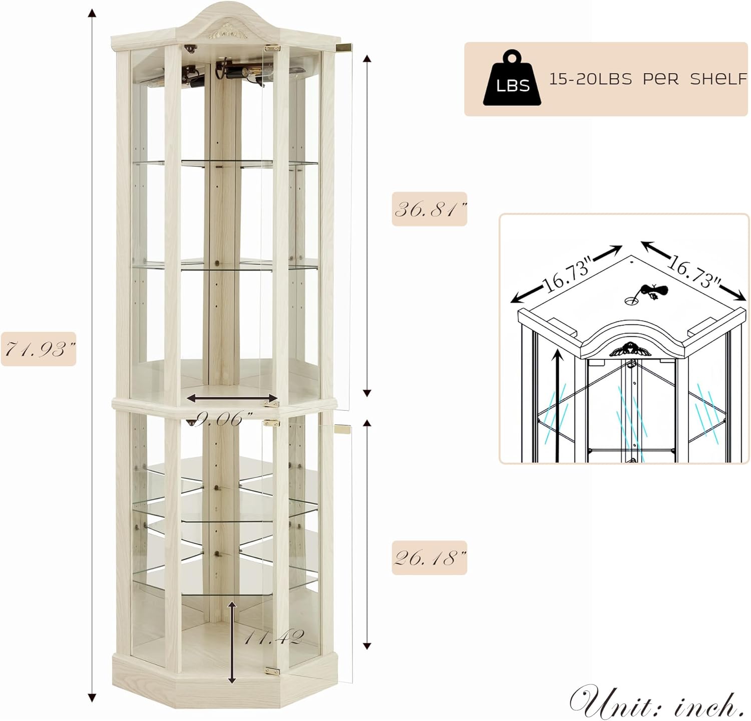 72' H Lighted Corner Curio Cabinet, Wooden Curio Cabinet with Tempered Glass Doors, 6-Tier Shelves Corner Cabinet with Glass, Liquor Display Storage Rack for Living Room(White)
