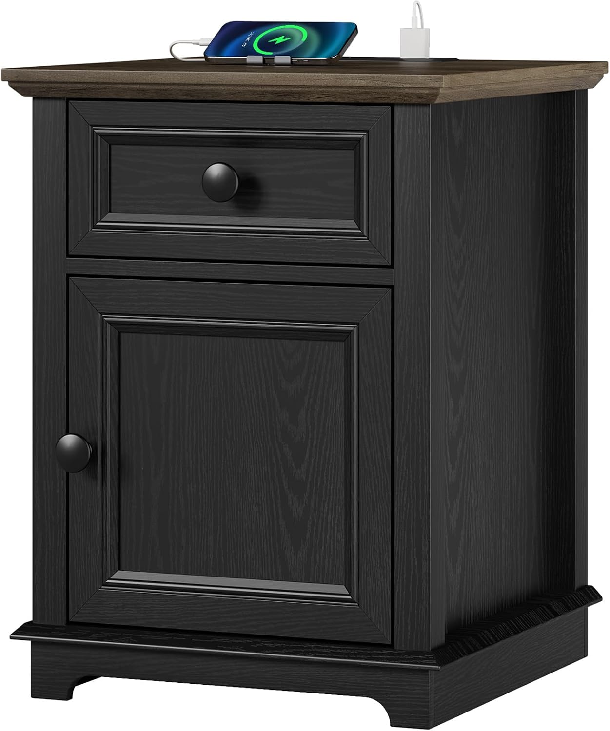 REDAYFUR End Table with Charging Station, Fast Charge, End Table with Drawer, Big Storage Side Table for Living Room/Bedroom, Black