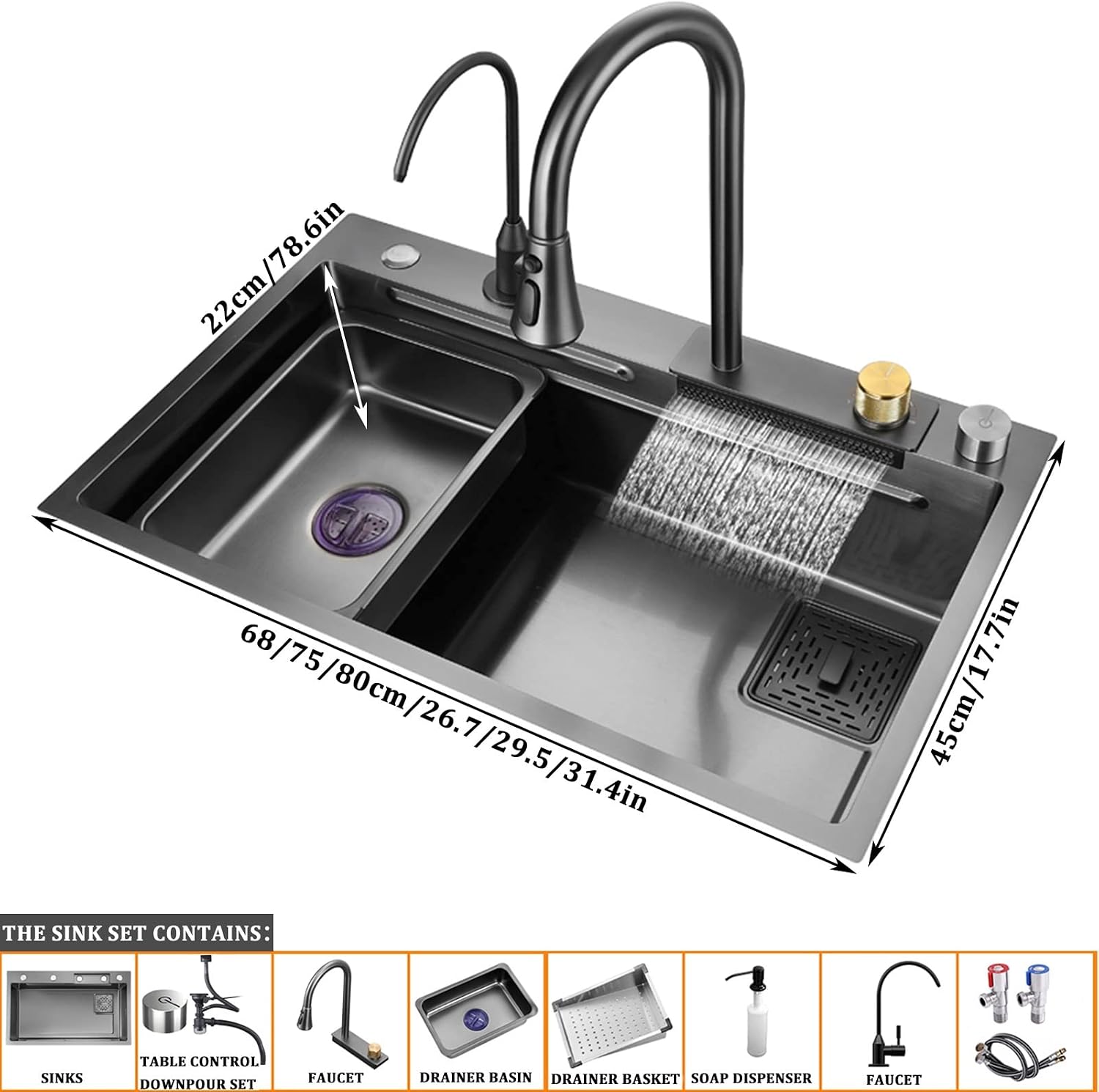 Black Nano Single Bowl Kitchen Sink 304 Stainless Steel Waterfall Bar Sink Multi-Purpose Handmade Sink Rv Sink with Pull-Out Faucet and Drainage Components Top Mount Or Undermount (Blacka 75x45x2