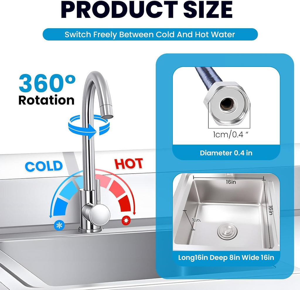 Utility Sink Stainless Steel Laundry Sink, 360 Degree Rotating Faucet, Hot And Cold Water Functions for Garage Kitchen Bathroom Laundry Use (32'' Sink with Workbench)