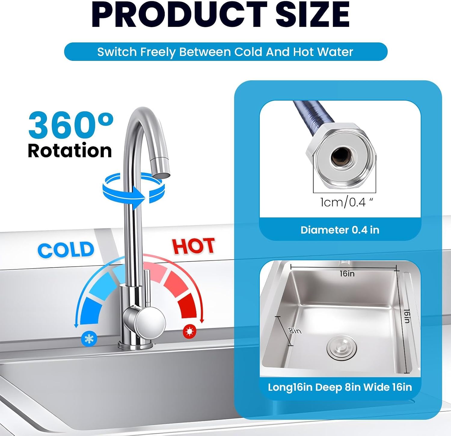 Utility Sink Stainless Steel Laundry Sink, 360 Degree Rotating Faucet, Hot And Cold Water Functions for Garage Kitchen Bathroom Laundry Use (32'' Sink with Workbench)