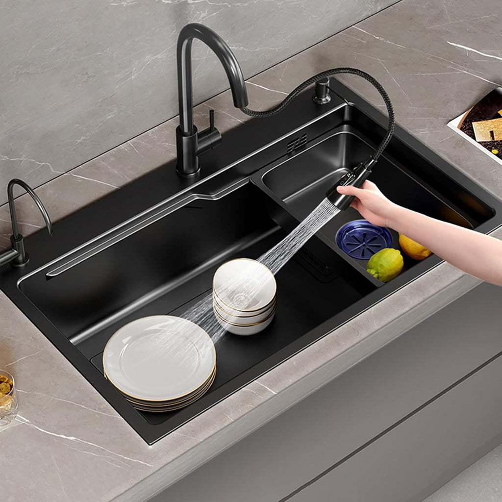 Black Single Bowl Kitchen Sink 304 Stainless Steel Kitchen Sink with Pull-Out Faucet and Drain Assembly Drop in Or Under Mount (Color : Black, Size : 75x45x21cm)