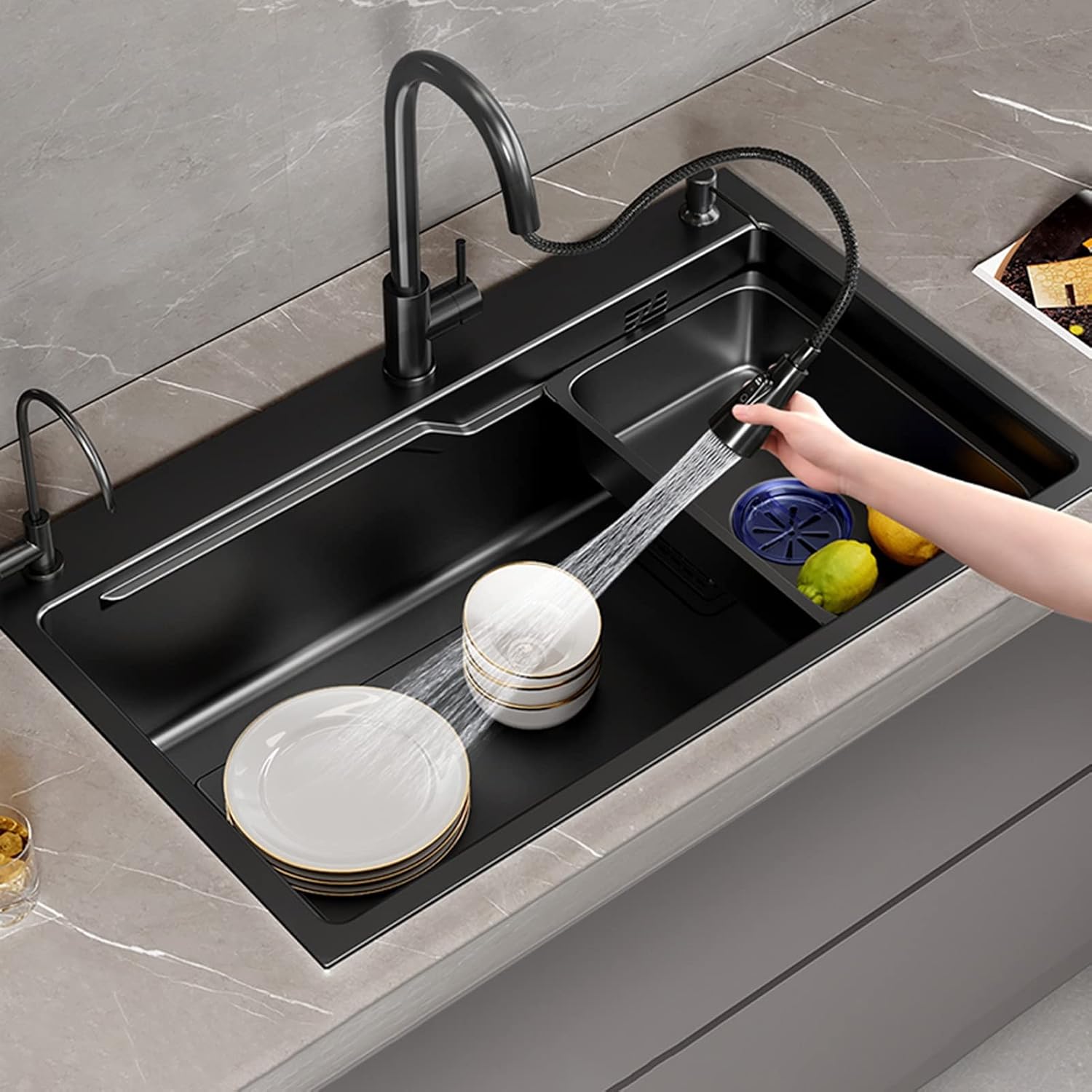 Black Single Bowl Kitchen Sink 304 Stainless Steel Kitchen Sink with Pull-Out Faucet and Drain Assembly Drop in Or Under Mount (Color : Black, Size : 68x45x21cm) (Black 60x45x21cm)