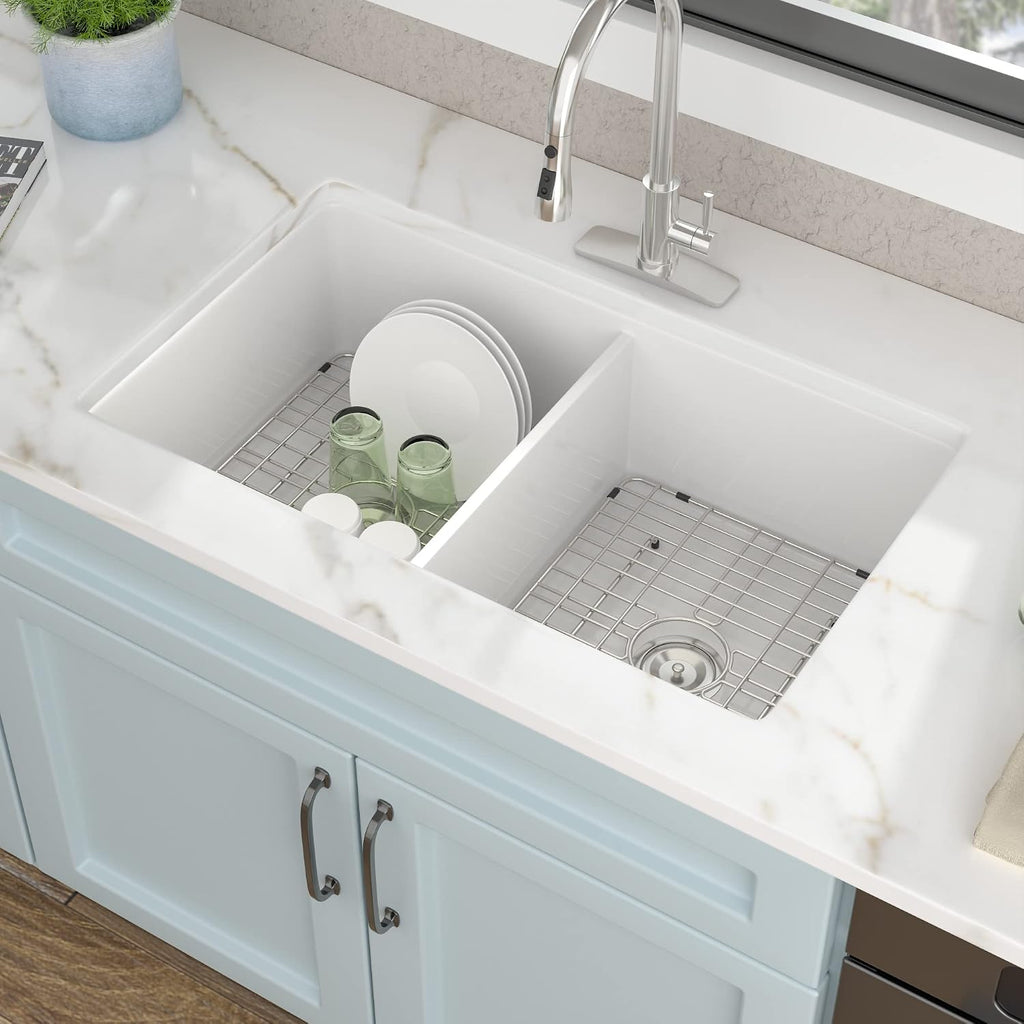 32'x19' White Undermount Kitchen Sink Double Bowl - White Ceramic Porcelain Fireclay Dual Mount Double Bowl 50/50 Drop In Top Mount & Under Counter Sink Basin