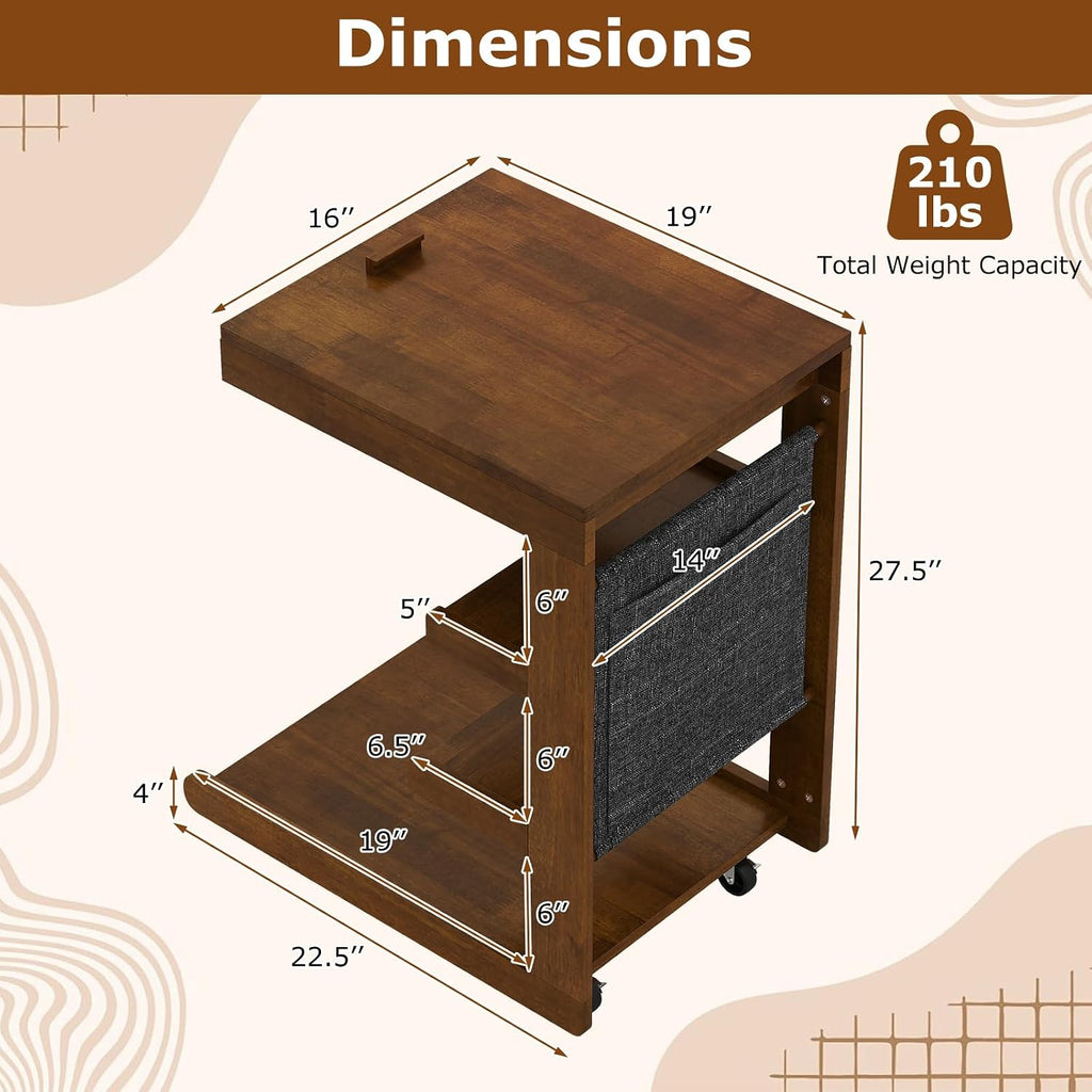 Giantex C-Shaped End Table with Wheels, Set of 2 Wood Rolling Side Table w/Adjustable Desktop, Edge Stopper, Side Pocket & 3 Storage Shelves, Sofa Couch Bedside TV Tray for Living Room Bedroom (Brown)