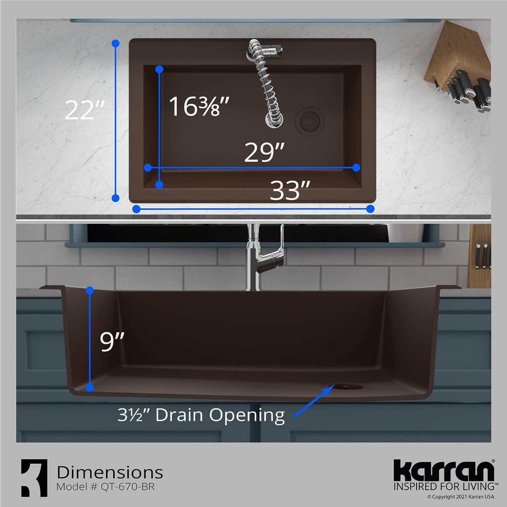 Karran QT-670 Drop-In/Top Mount 33' Single Bowl Granite Quartz Composite Kitchen Sink in Brown Right Side Drain, Extra Deep 9' Basin, Heat & Scratch Resistant, Sound Dampening