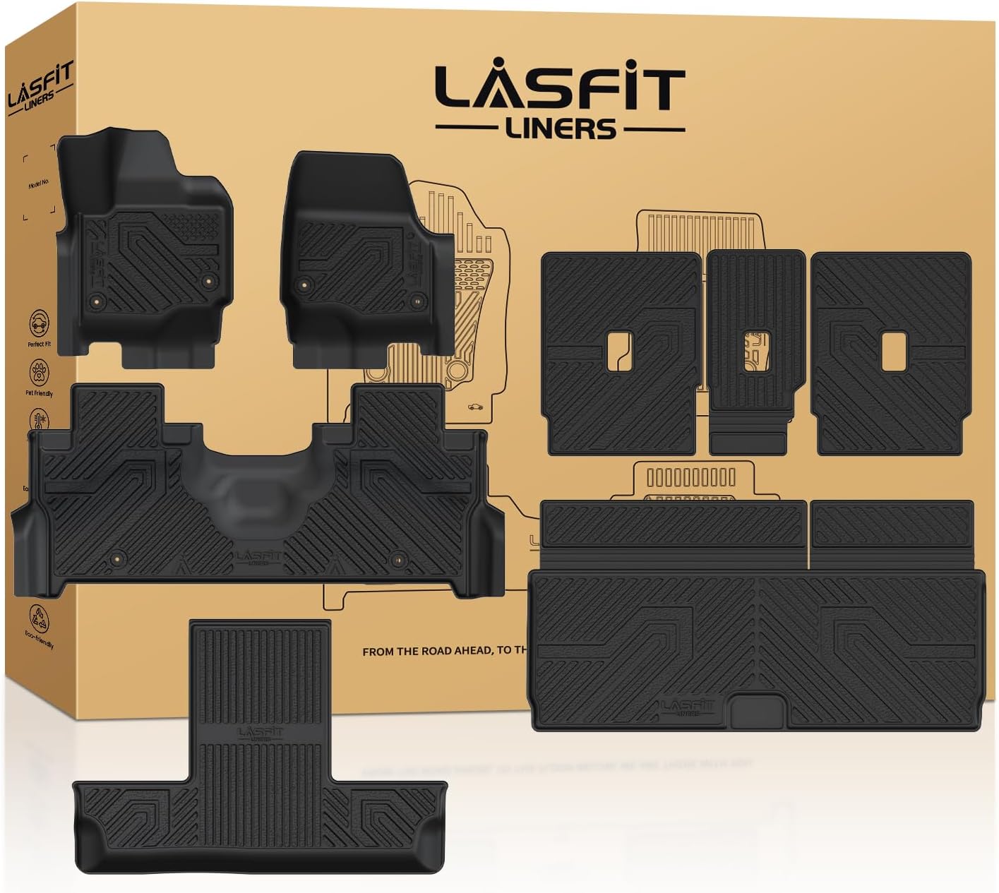 LASFIT Floor Mat&Cargo Backrest Mat for Fit 7 Seats 2025 2026 2027 Ford Expedition Standard,Easy Clean 100% TPE All Weather TPE Custom Fit for SUV Car Liners, 1st& 2nd& 3rd& Cargo Liner, Black 5pcs