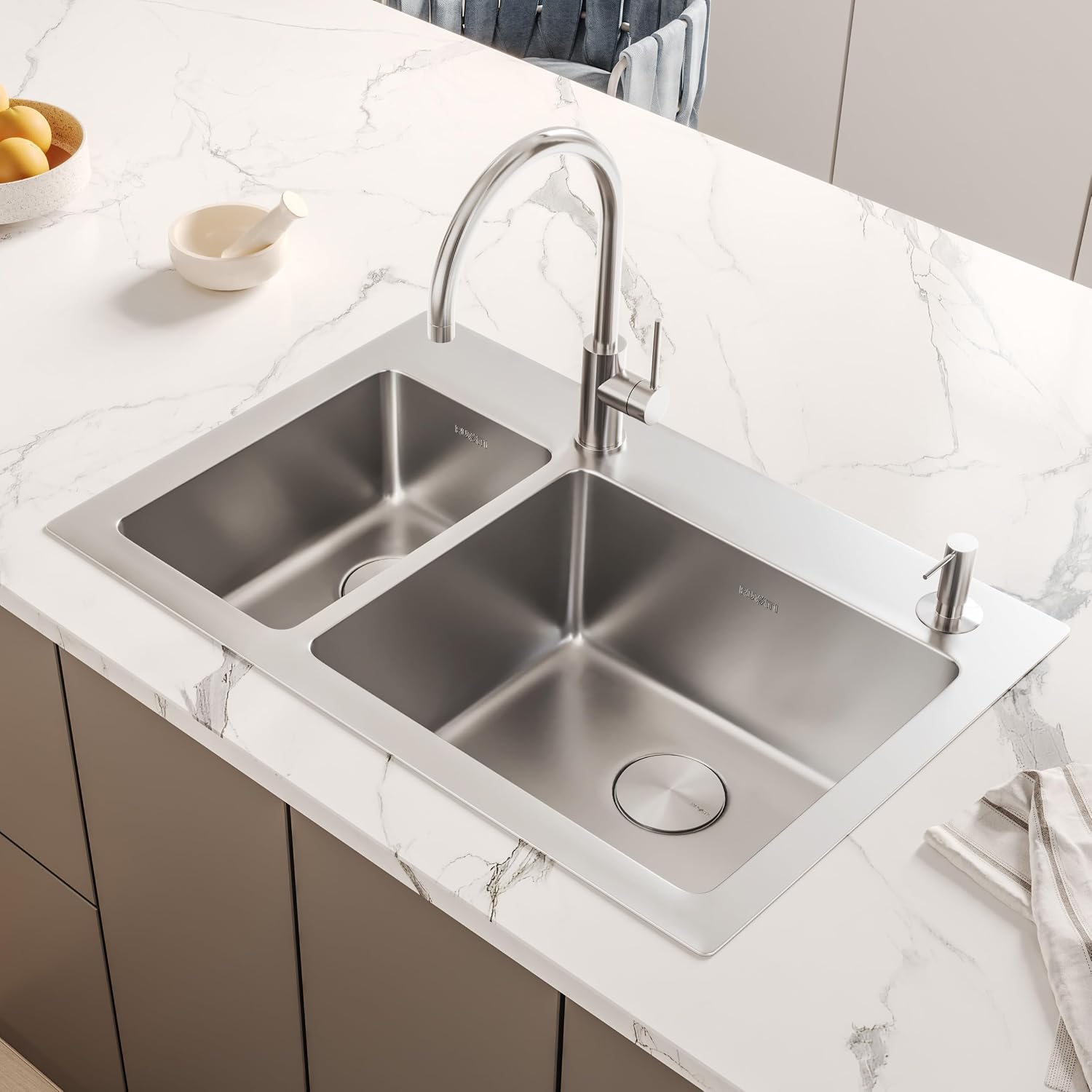Ruvati 33 x 22 inch Drop-in Topmount Kitchen Sink - 16 Gauge Stainless Steel 30/70 Double Bowl Kitchen Sink with Brushed Finish hides scratches, Easy-to-Clean Drop-in kitchen Sink - RVM5176