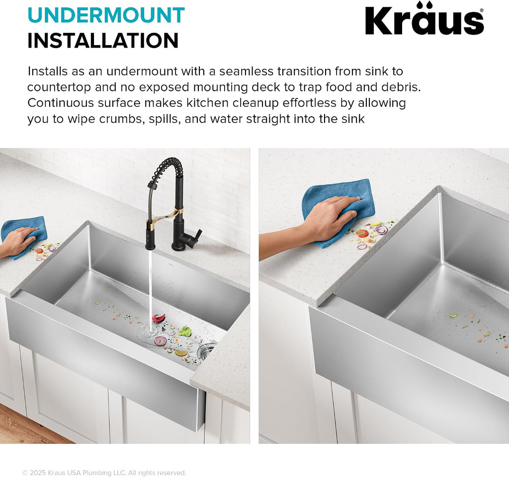 KRAUS Standart Pro 33-Inch Flat Apron Front Farmhouse 16-Gauge Single Bowl Stainless Steel Kitchen Sink, KHF410-33