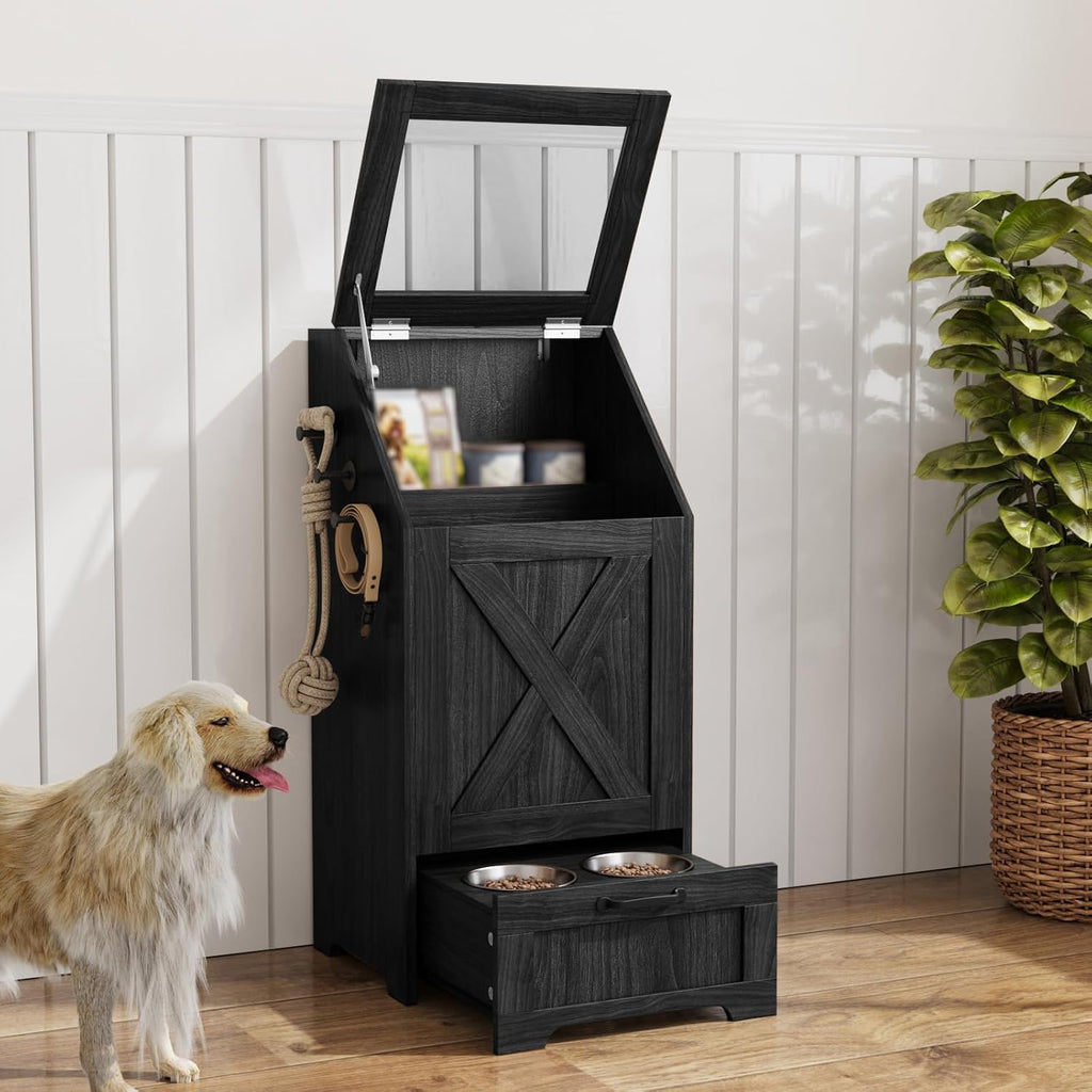 Dog Feeding Station with Storage Cabinet and 2 Elevated Dog Bowls, Hidden Pet Food Storage Organizer for Dog &Cat,Modern Dogs Furniture (Black)