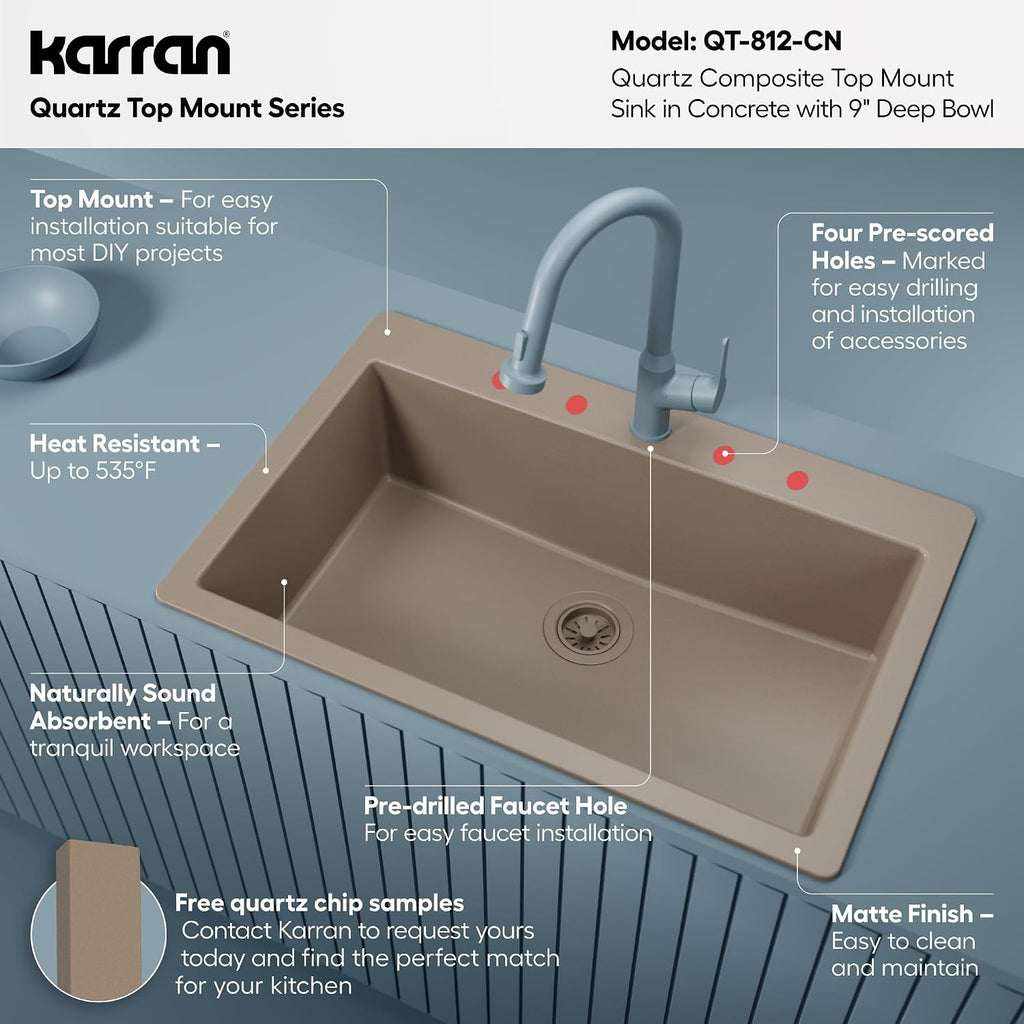 Karran 33' Drop-In Top Mount Quartz Composite Single Bowl Kitchen Sink in Concrete – Extra Deep 9' Basin, Heat Resistant, Sound Dampening, Easy Clean Surface