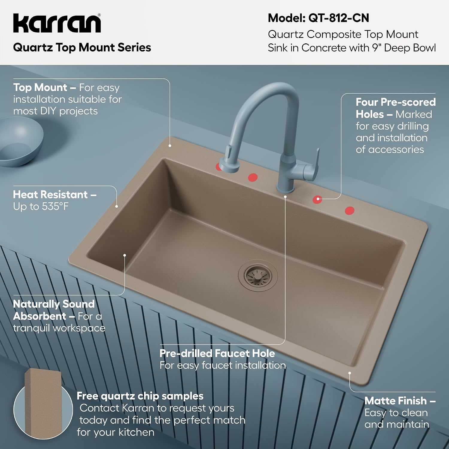 Karran 33' Drop-In Top Mount Quartz Composite Single Bowl Kitchen Sink in Concrete – Extra Deep 9' Basin, Heat Resistant, Sound Dampening, Easy Clean Surface