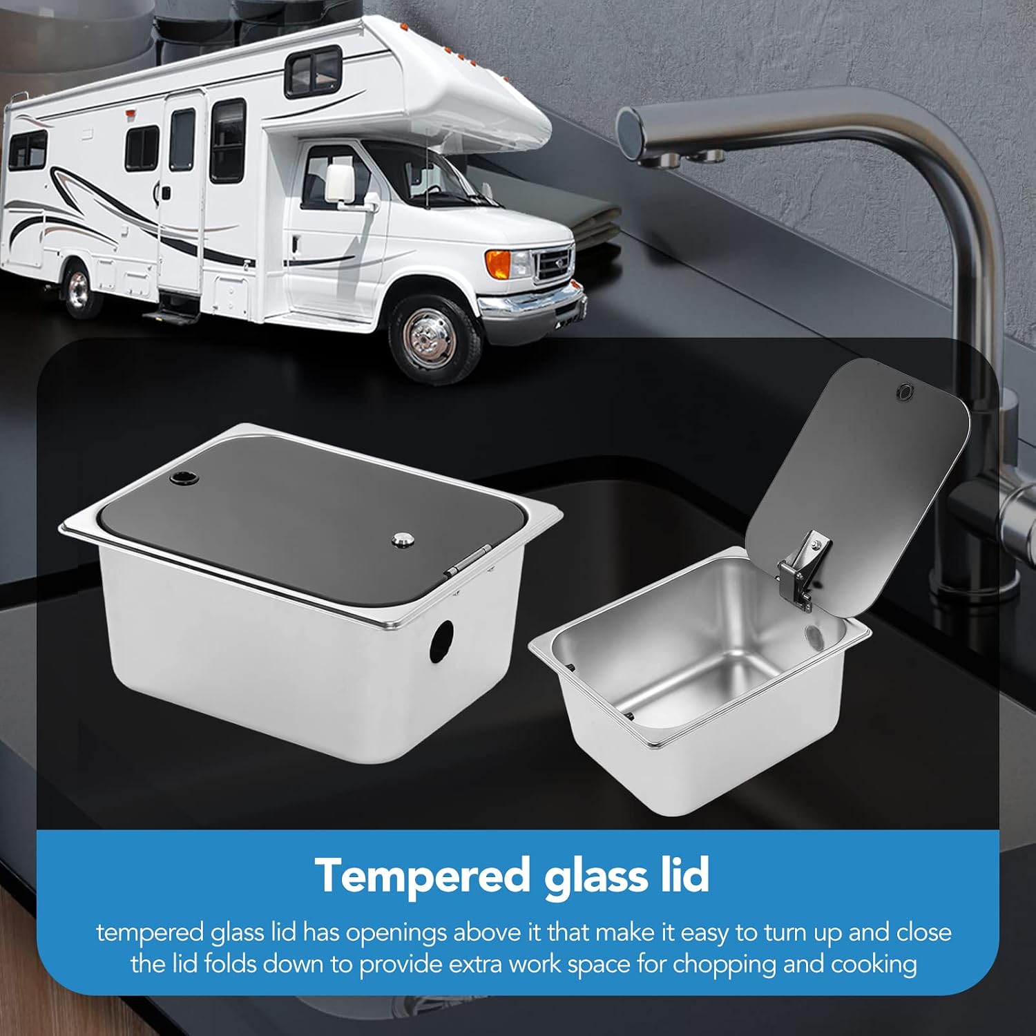 RV Kitchen Sink, Stainless Steel Single Bowl Hand Wash Basin with Tempered Glass Cover, Square Undermount Single Bowl Kitchen Sink for Camper Van Yacht