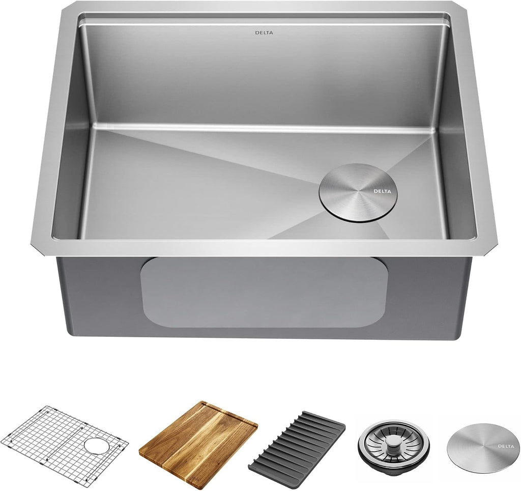 DELTA FAUCET Lorelai 23-inch Workstation Kitchen Sink Undermount 16 Gauge Stainless Steel Single Bowl with WorkFlow Ledge and Kit of 5 Accessories, 95B9132-23S-SS