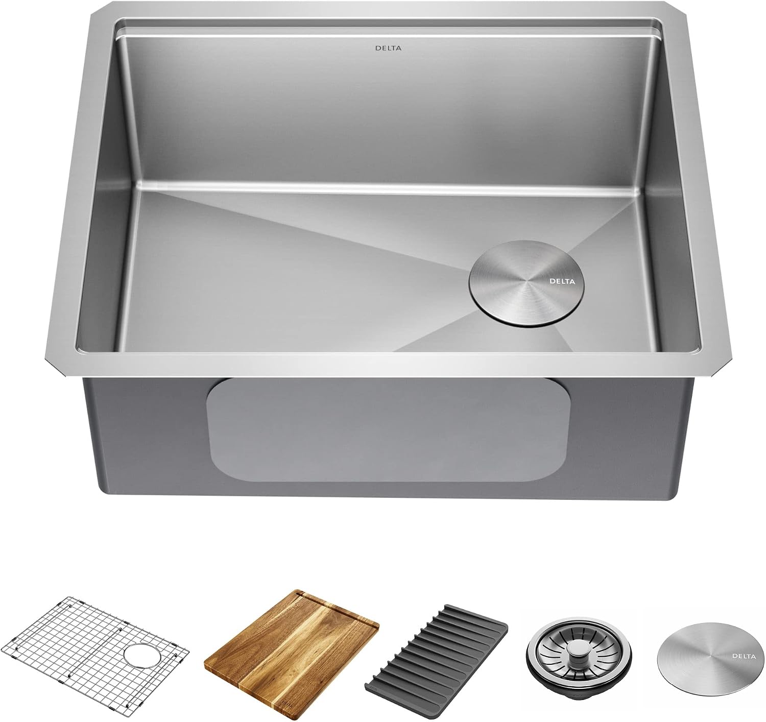 DELTA FAUCET Lorelai 23-inch Workstation Kitchen Sink Undermount 16 Gauge Stainless Steel Single Bowl with WorkFlow Ledge and Kit of 5 Accessories, 95B9132-23S-SS