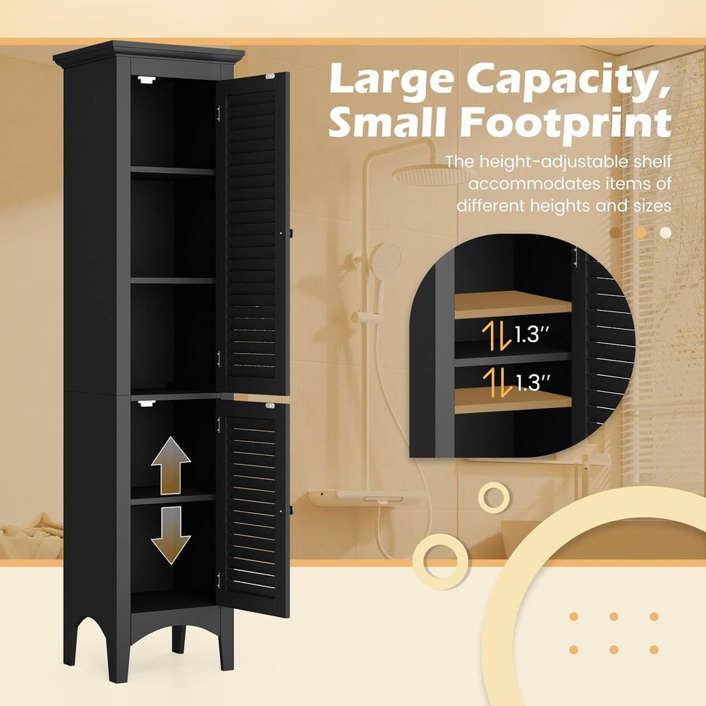 Tangkula 63' Tall Bathroom Storage Cabinet, Freestanding Narrow Linen Tower with Adjustable Shelf, Modern Slim Floor Cabinet with 2 Doors for Bathroom, Living Room, Kitchen (Black)