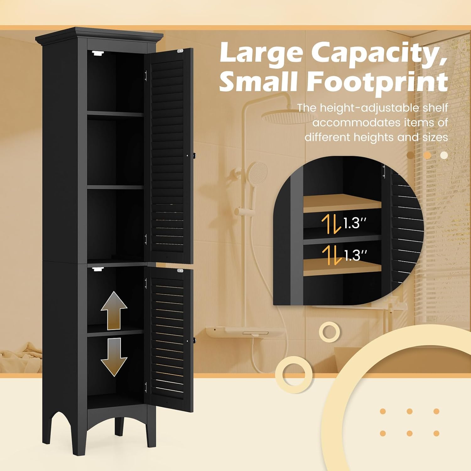 Tangkula 63' Tall Bathroom Storage Cabinet, Freestanding Narrow Linen Tower with Adjustable Shelf, Modern Slim Floor Cabinet with 2 Doors for Bathroom, Living Room, Kitchen (Black)