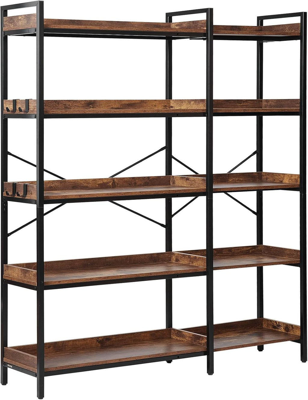VEVOR 5 Tier Corner Bookshelf, Tall Corner Bookcase with 4 Hooks, L-Shaped Bookshelf Organizer with Metal Frame & Wooden Shelves, Reversible Display Book Shelf Rack for Bedroom, Living Room, Office