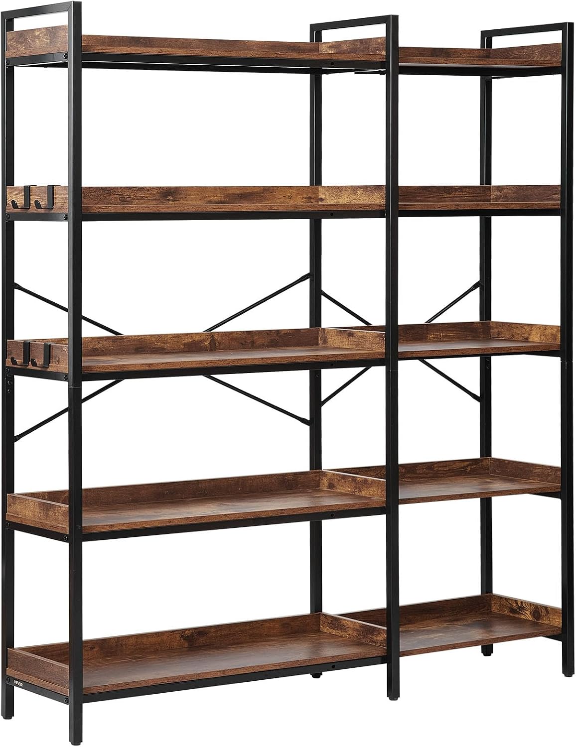 VEVOR 5 Tier Corner Bookshelf, Tall Corner Bookcase with 4 Hooks, L-Shaped Bookshelf Organizer with Metal Frame & Wooden Shelves, Reversible Display Book Shelf Rack for Bedroom, Living Room, Office