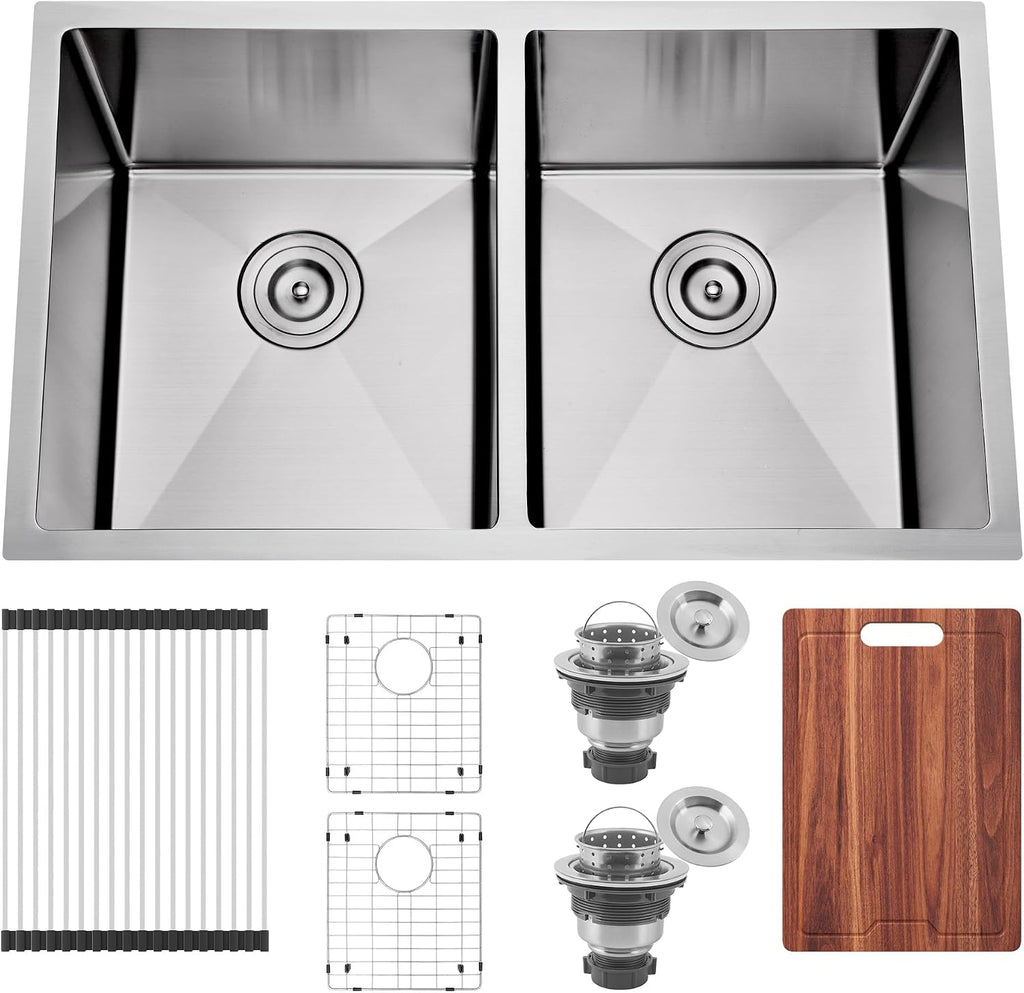 32 Inch Undermount Handmade Double Bowl Kitchen Sink, 16 Gauge 304 Stainless Steel 50/50 Large Capacity Deep Kitchen Sinks, Accessories Combo Included, 32' x 19' x 10'