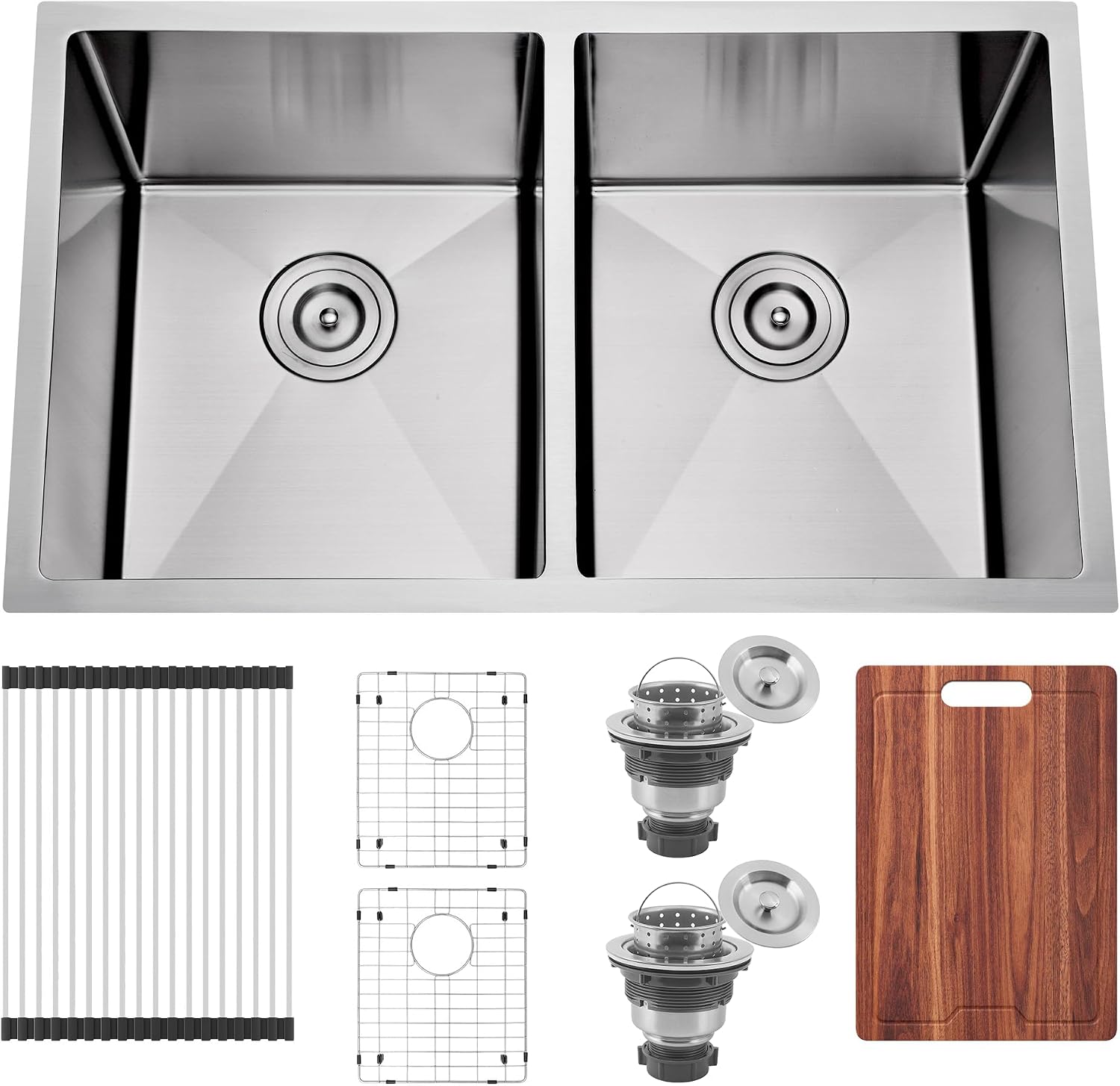 32 Inch Undermount Handmade Double Bowl Kitchen Sink, 16 Gauge 304 Stainless Steel 50/50 Large Capacity Deep Kitchen Sinks, Accessories Combo Included, 32' x 19' x 10'