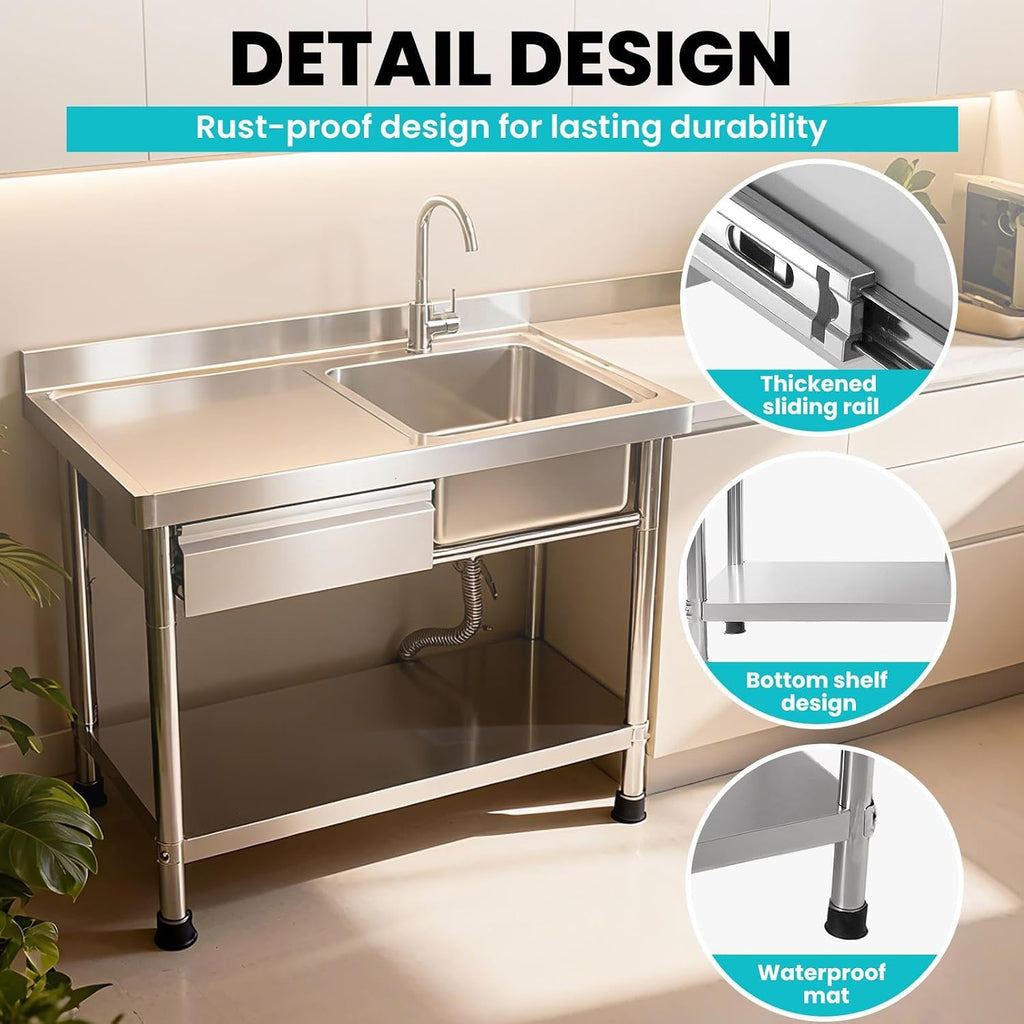 Utility Sink Stainless Steel Laundry Sink, 360 Degree Rotating Faucet, Hot And Cold Water Functions for Garage Kitchen Bathroom Laundry Use (Single Bowl 40'' Sink with Drawer and Workbench)