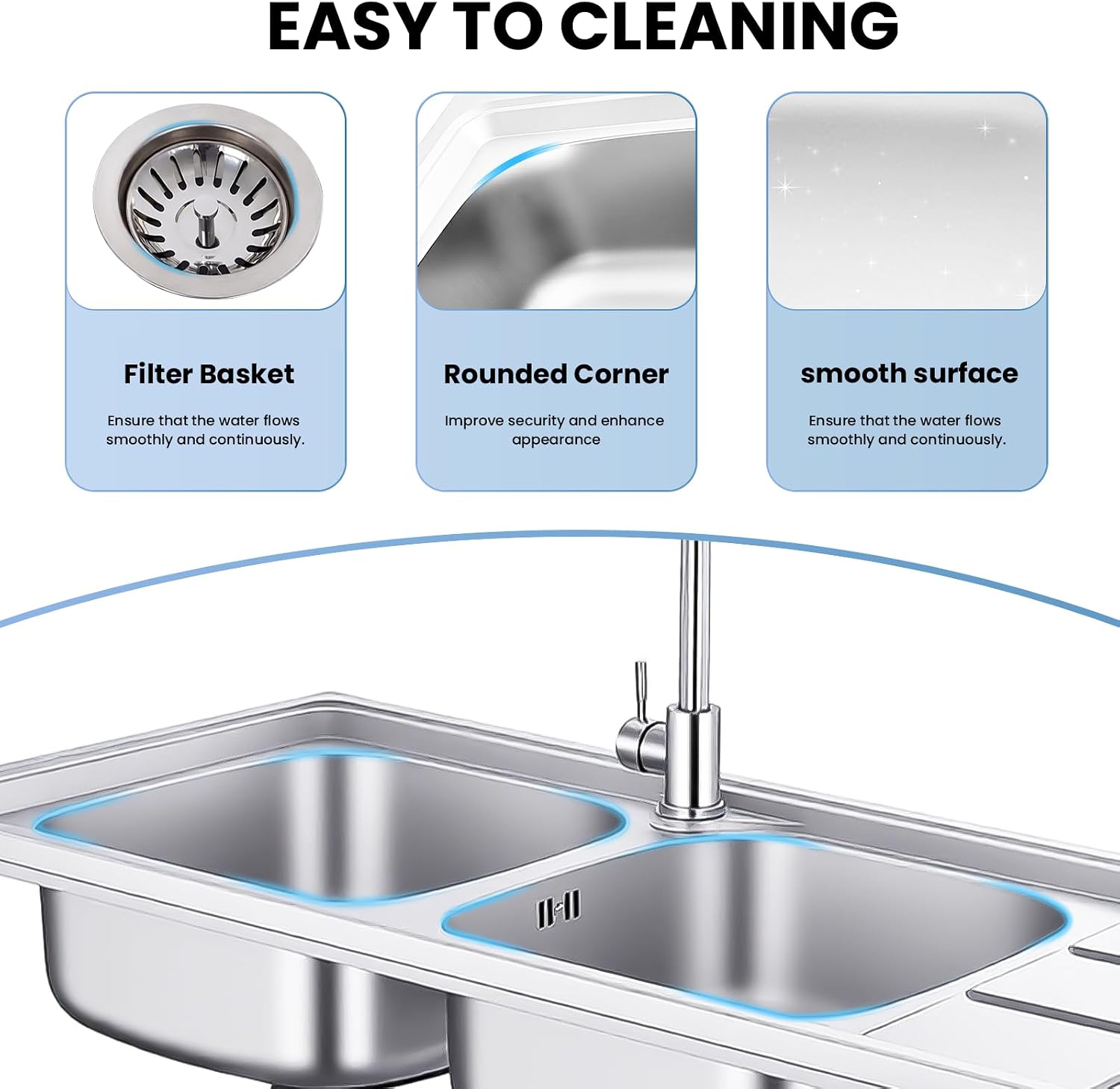 Stainless Steel Commercial Sink with Double Bowls, with 360° Rotation Faucets, Pipe, Workbench, 2-Tier with Storage Shelves Stainless Steel Utility Sink, Freestanding Portable Sink for Home/Restaurant