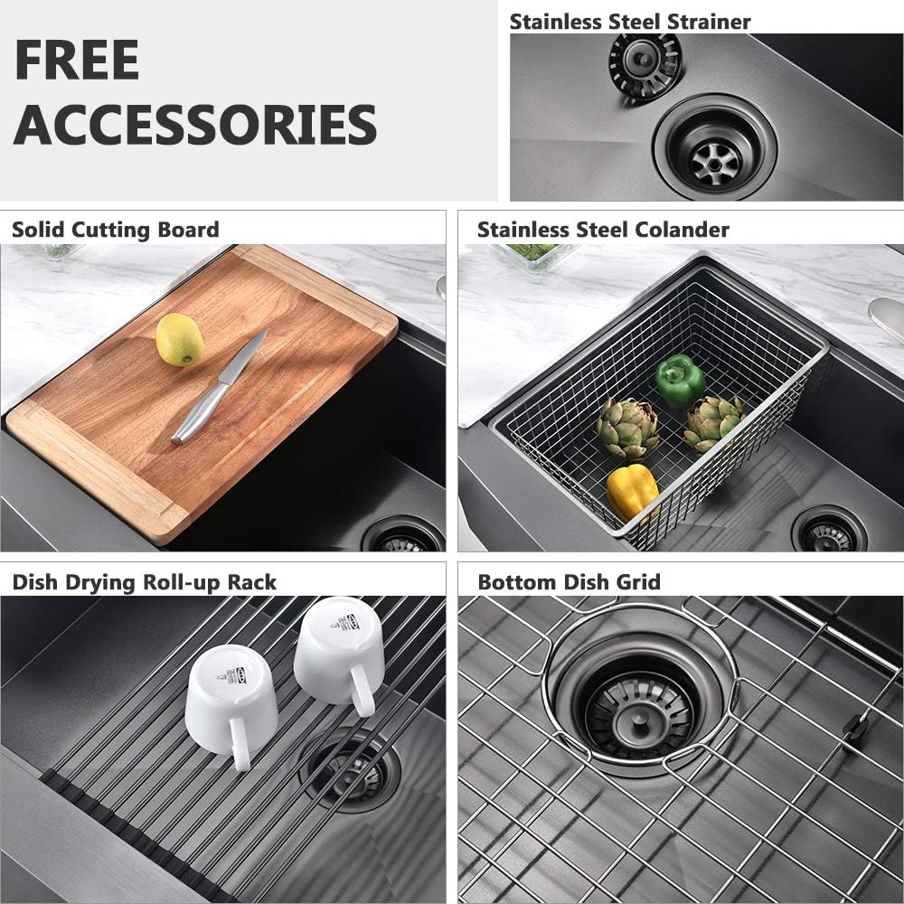33 Inch Black Farmhouse Sink Workstation-VASOYO 33x22 Farm Sink Black Stainless Steel Apron Front Farmhouse Kitchen Sinks Undermount 16 Gauge Single Bowl Deep Kitchen Sinks with Cutting Board