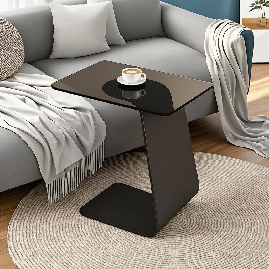 25.5-Inch High C-Shaped End Table with Tempered Glass Top & Black Metal Frame, Modern Space-Saving Sofa Side Table for Living Room, Bedroom, Small Spaces (B)